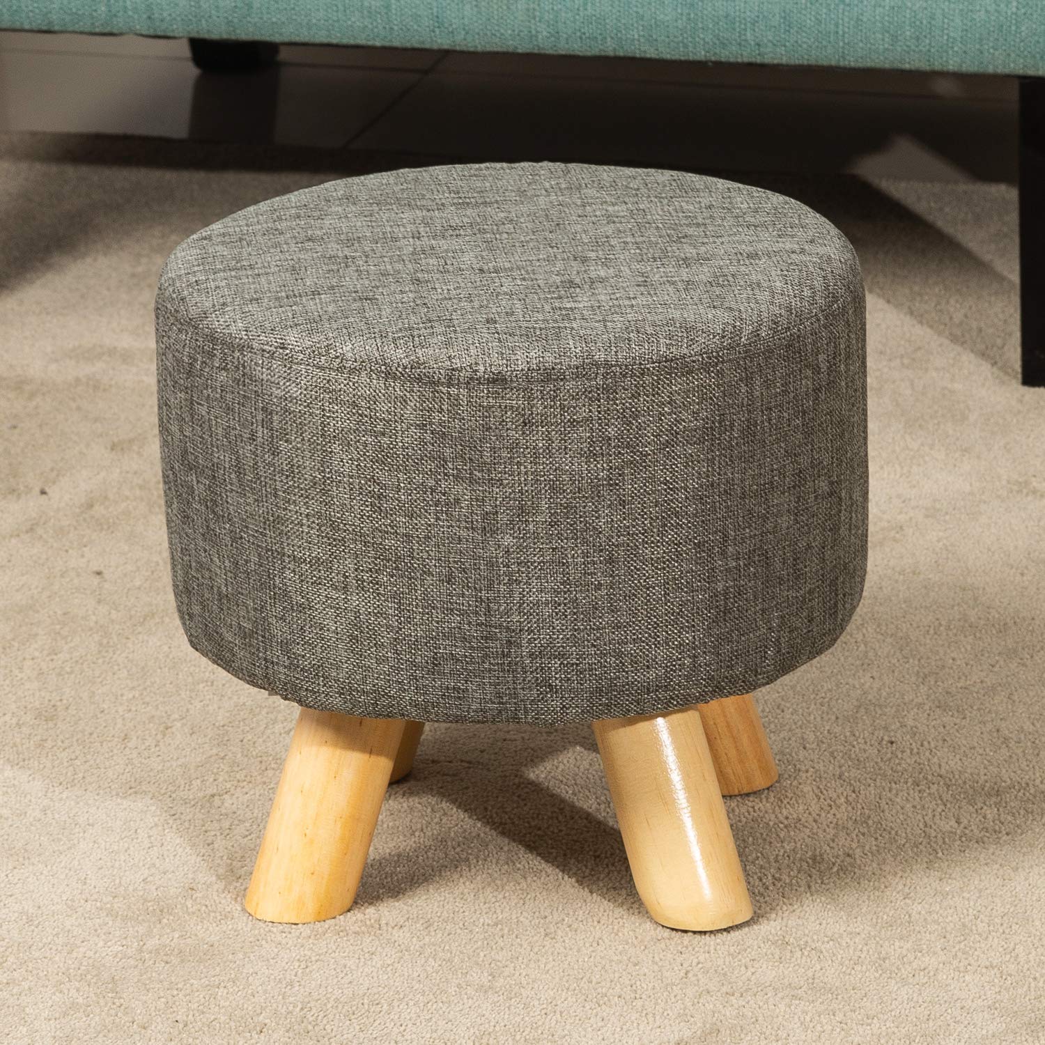 Homebeez Round Ottoman Foot Rest Stool - Soft Fabric Small Footstool with Non-Skid Wood Legs, Gray - Perfect for Living Room, Bedroom & Office Comfort