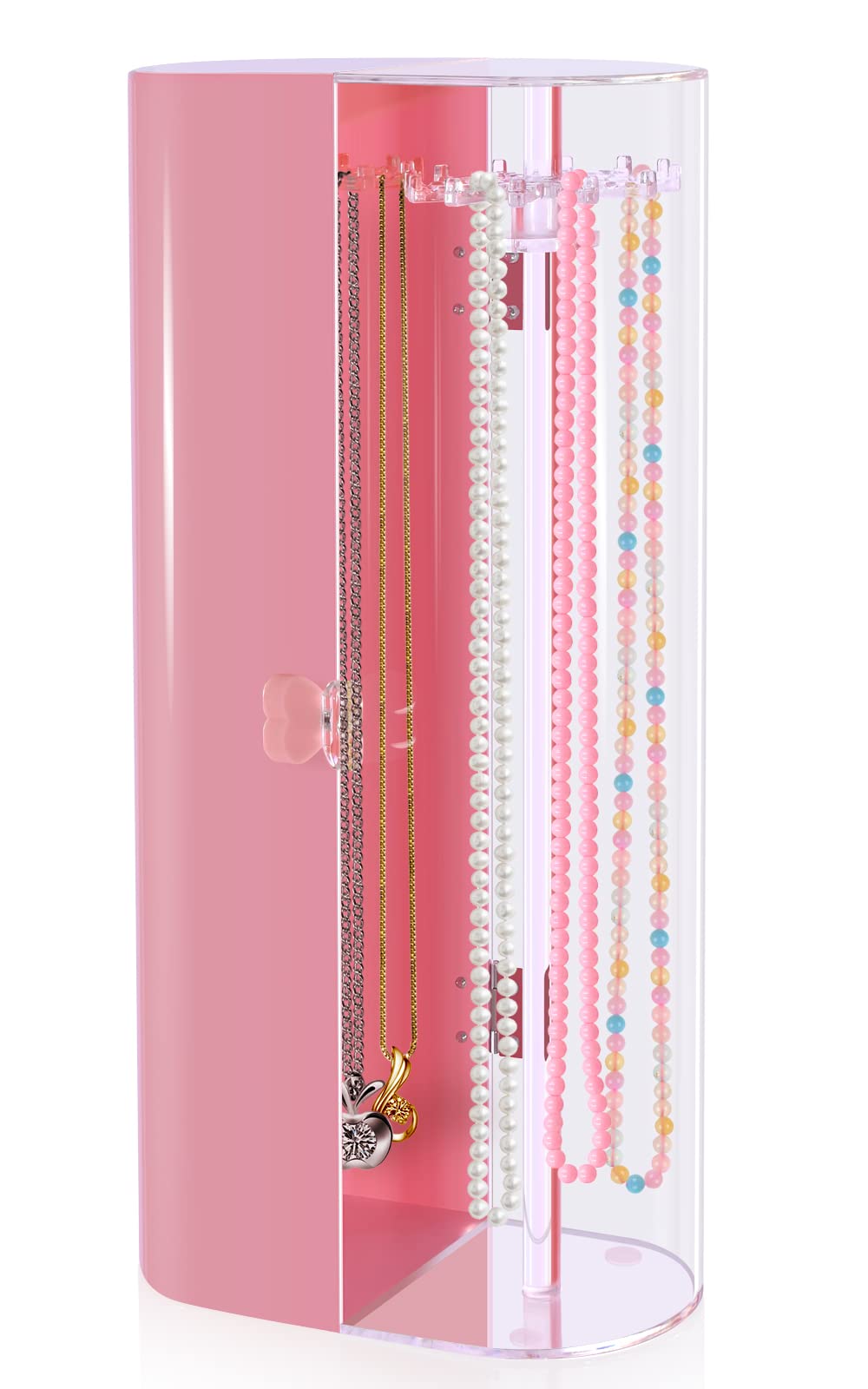 Acrylic Jewelry Organizer with 24 Hooks - Rotatable Necklace Holder Stand for Necklaces & Bracelets, Clear Dustproof Jewelry Display Case - Perfect for Dresser, Bathroom Vanity & Countertop Organization
