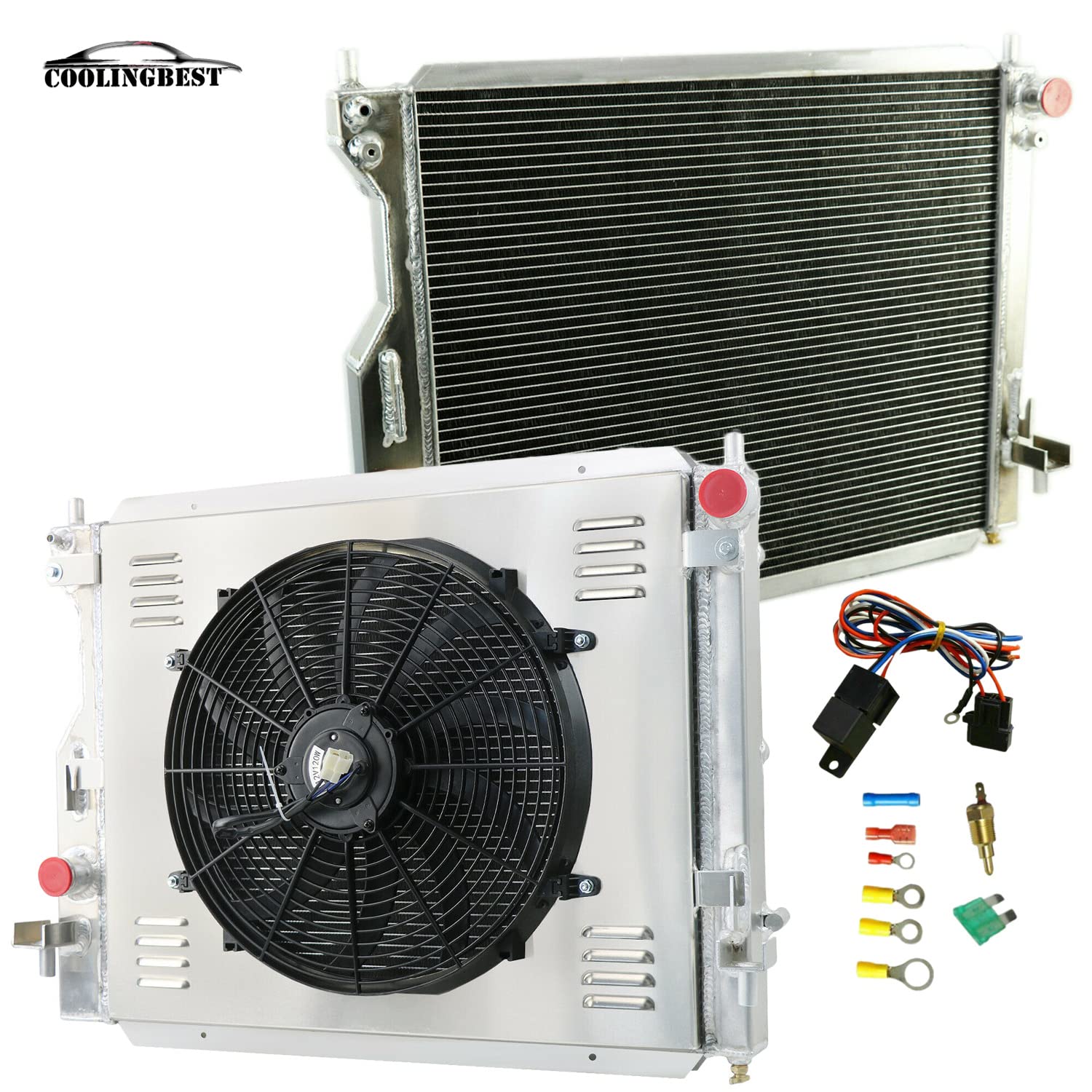 High-Performance Aluminum Radiator Replacement for 2005-2014 Ford Mustang 3.9L-5.0L V8 - 3-Row Core with Electric Fan Shroud & Thermostat Kit - Perfect for Racing, Off-Road & Daily Driving