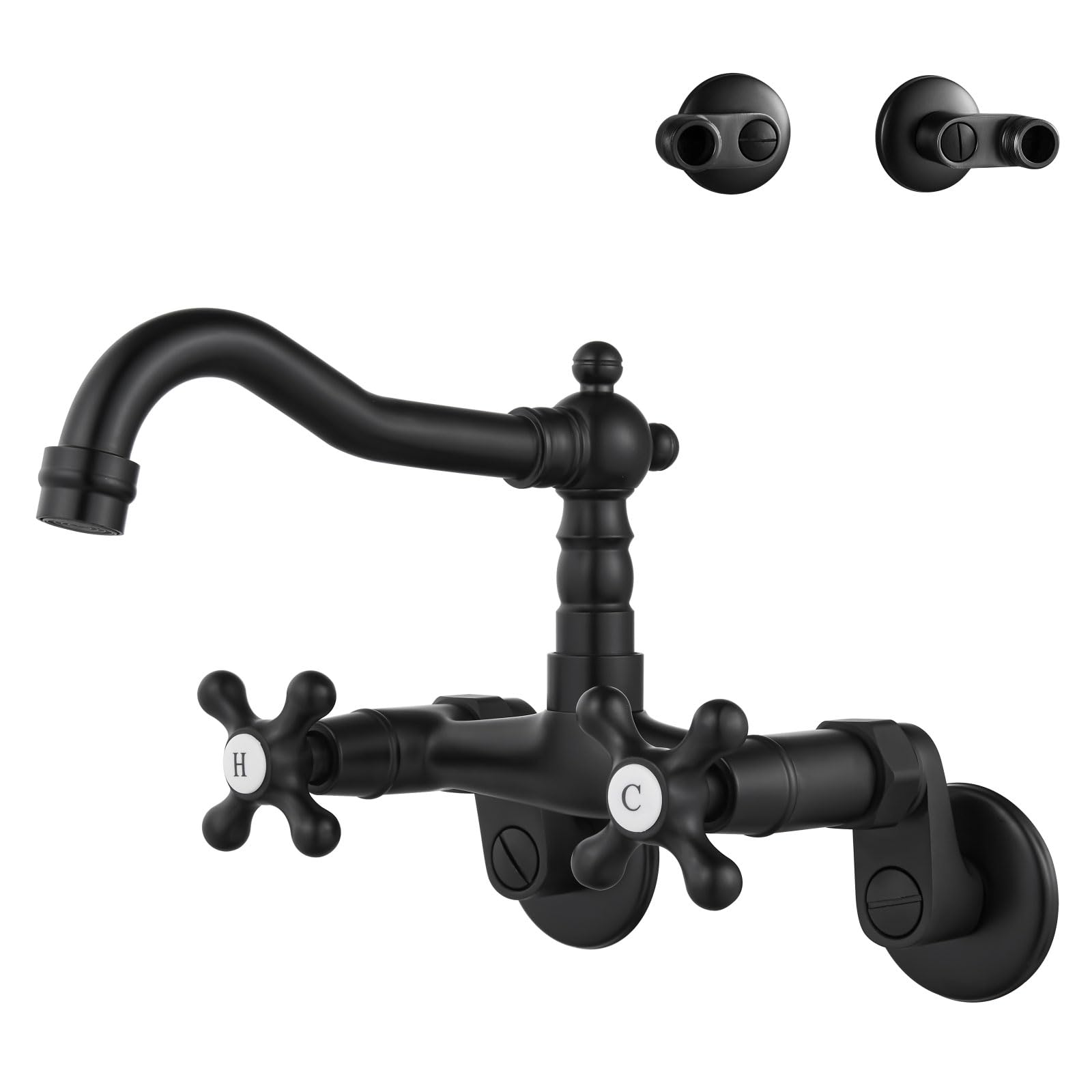 Aolemi Matte Black Wall Mount Kitchen Faucet with 2 Cross Handles & 6