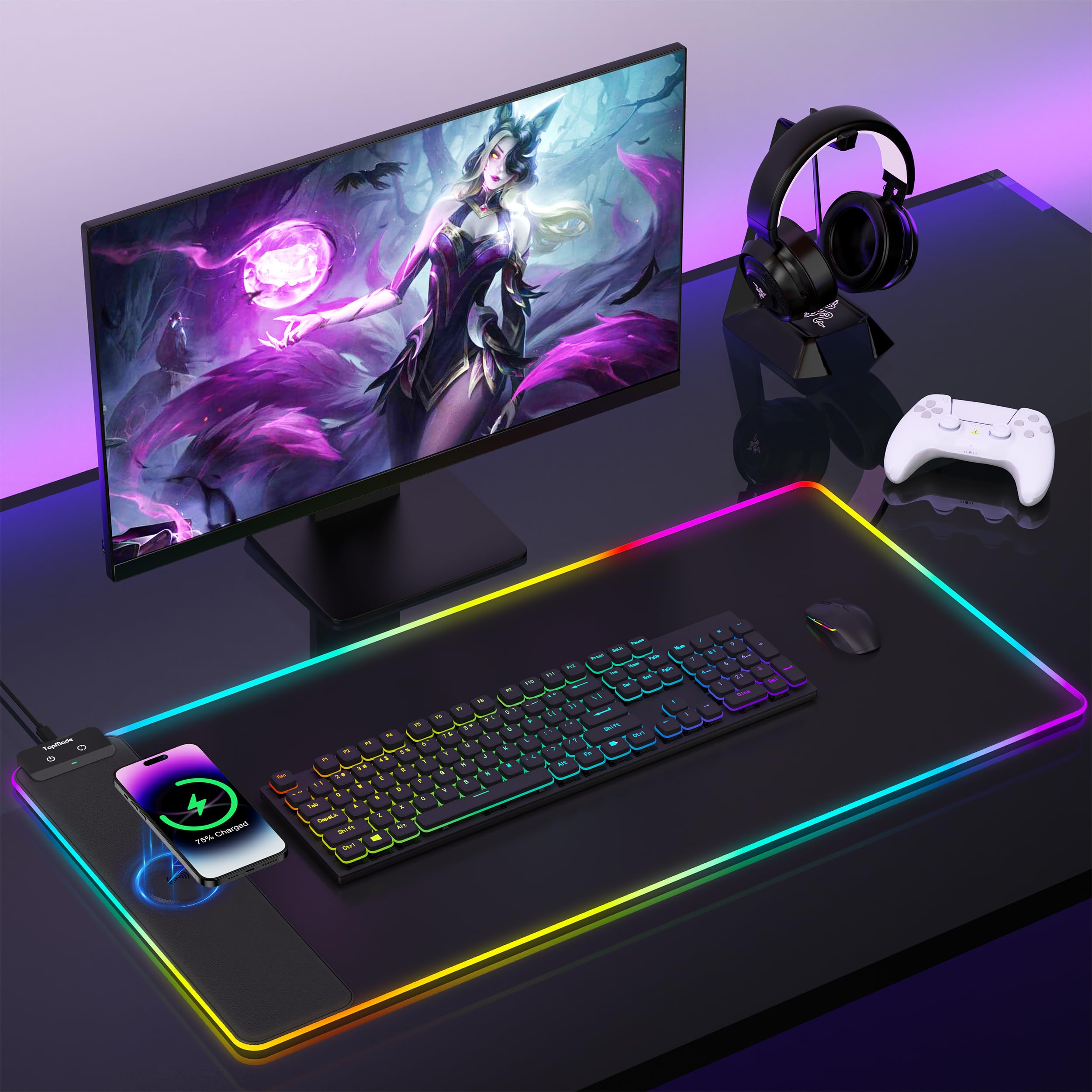 TopMade Wireless Charging Mouse Pad with RGB Lighting - 13 Light Modes, Ultra-Smooth Surface, Non-Slip Base, Waterproof Keyboard Pad - Large Gaming & Office Desk Mat (Classic Black) - Perfect for PC Gaming Setup, Home Office Workstation and Computer Desk Accessories