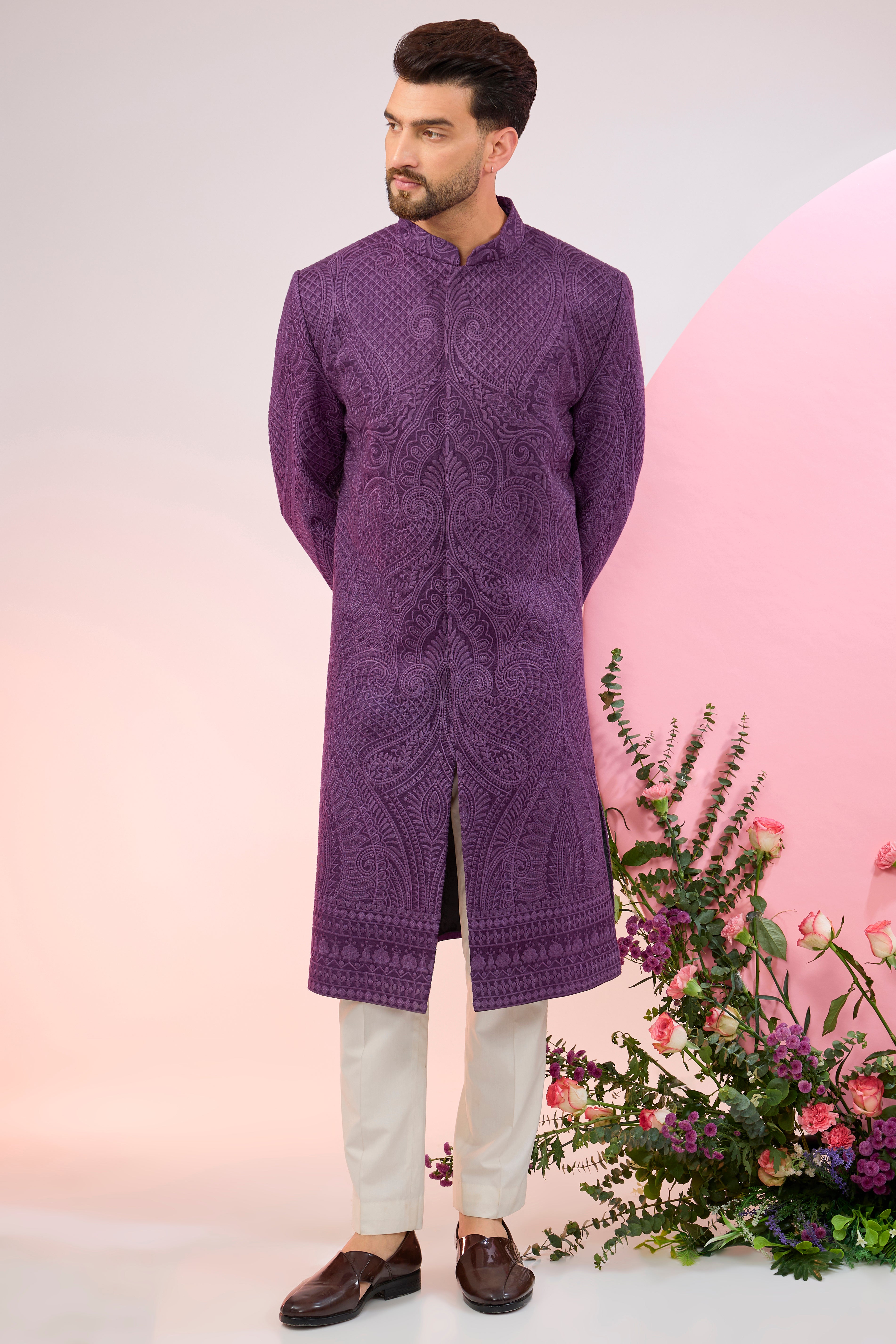 Elegant Purple Kashmiri Embroidered Sherwani with Intricate Thread Work - Traditional Indian Wedding Attire for Grooms & Special Occasions