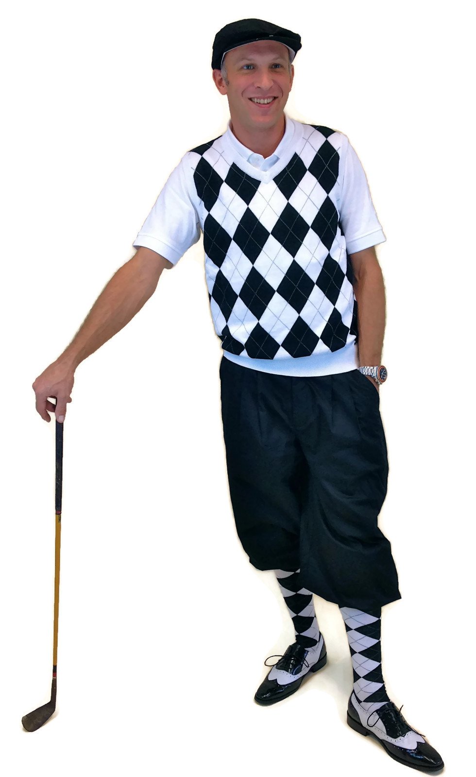 Men's Golf Outfit Set - Black Stewart Knickers & White/Black/Grey Overstitch Sweater with Socks & Cap | Perfect for Golf Tournaments & Casual Wear