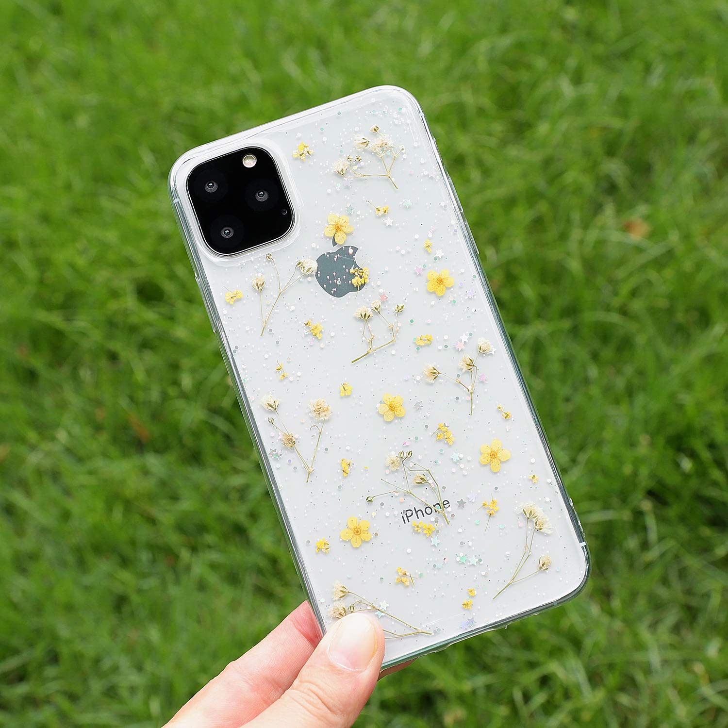 Premium Clear Floral iPhone 15 Case with Real Pressed Flowers - Soft Rubber Glitter Phone Cover for Women (Yellow) | Trendy Protective Case for Everyday Use & Special Occasions