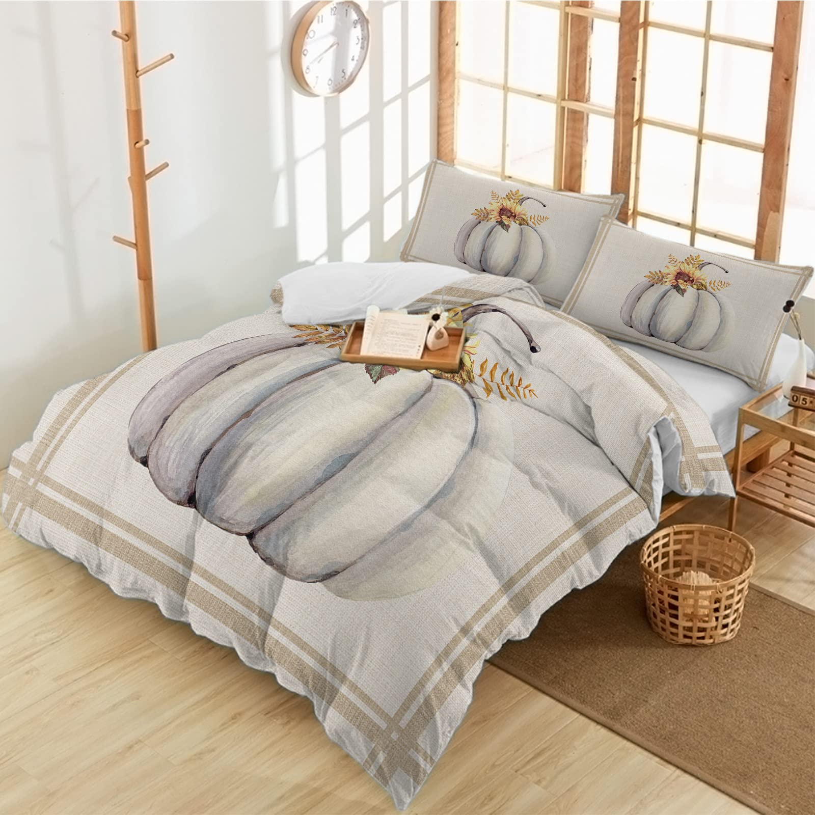 Soft Luxury Twin Duvet Cover Set - 3 Piece Watercolor Pumpkin & Floral Printed Comforter Cover with 2 Pillow Shams | 100% Cotton Linen Bedding for Thanksgiving & Fall Bedroom Decor | Perfect for Guest Rooms, Dorms & Cozy Autumn Nights