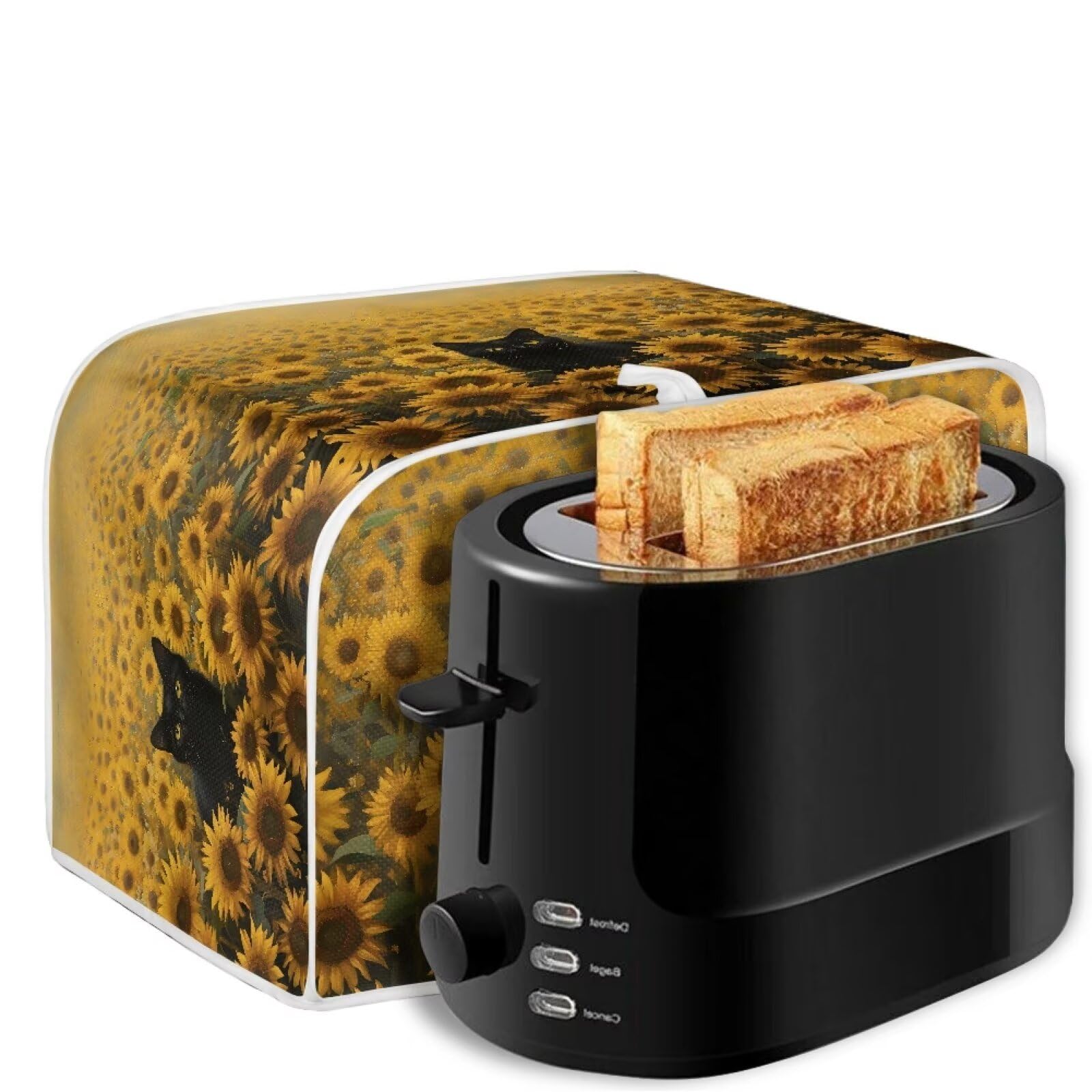 Waterproof Black Cat and Sunflower Print Toaster Cover - Standard 4 Slice Bread Maker Protector - Kitchen Appliance Cover for Countertop Protection - Perfect for Home, Cafe, and Office Use