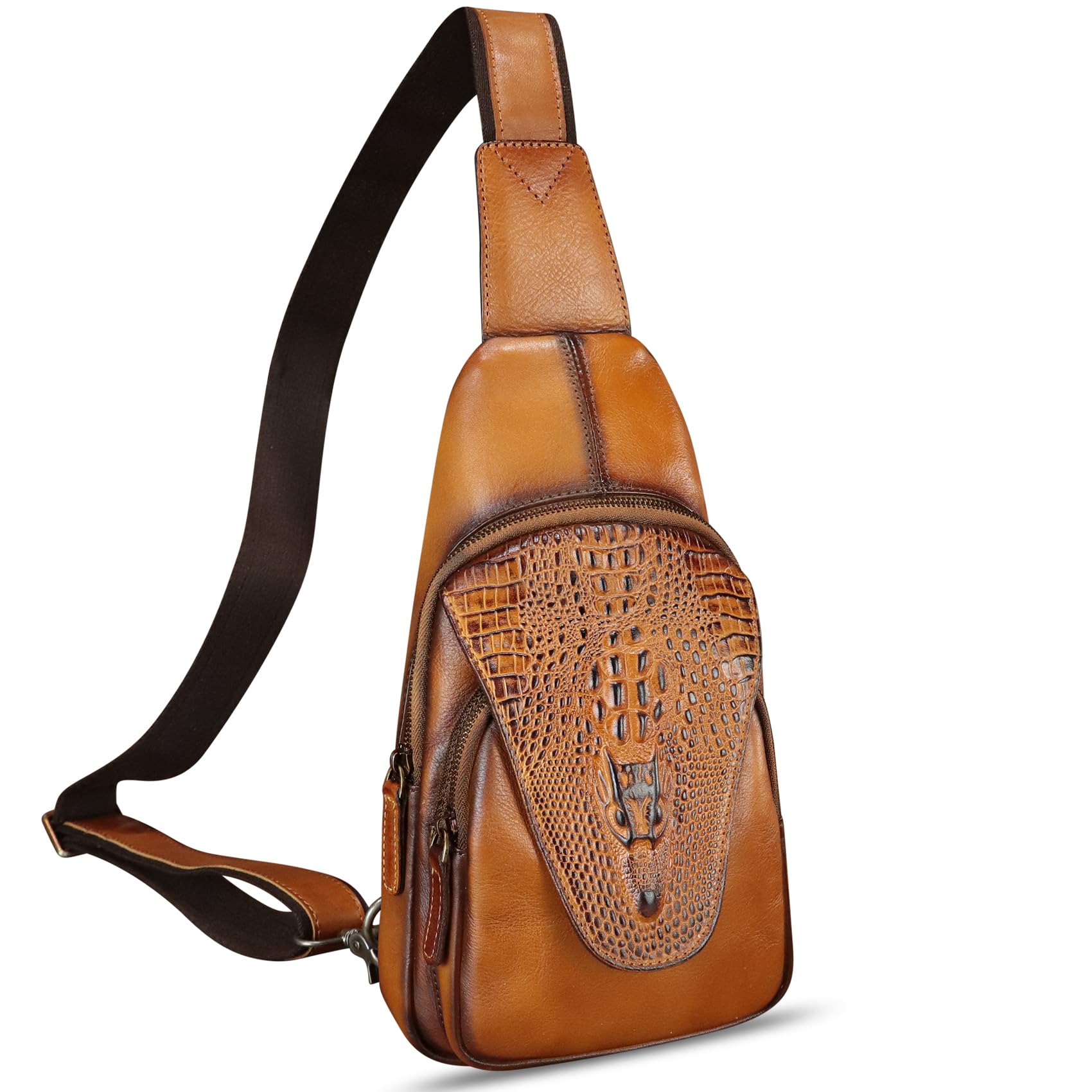 Genuine Leather Sling Bag - Embossed Crocodile Pattern Crossbody Backpack - Handmade Chest Purse Daypack for Men & Women (Brown) | Perfect for Travel, Work & Everyday Use
