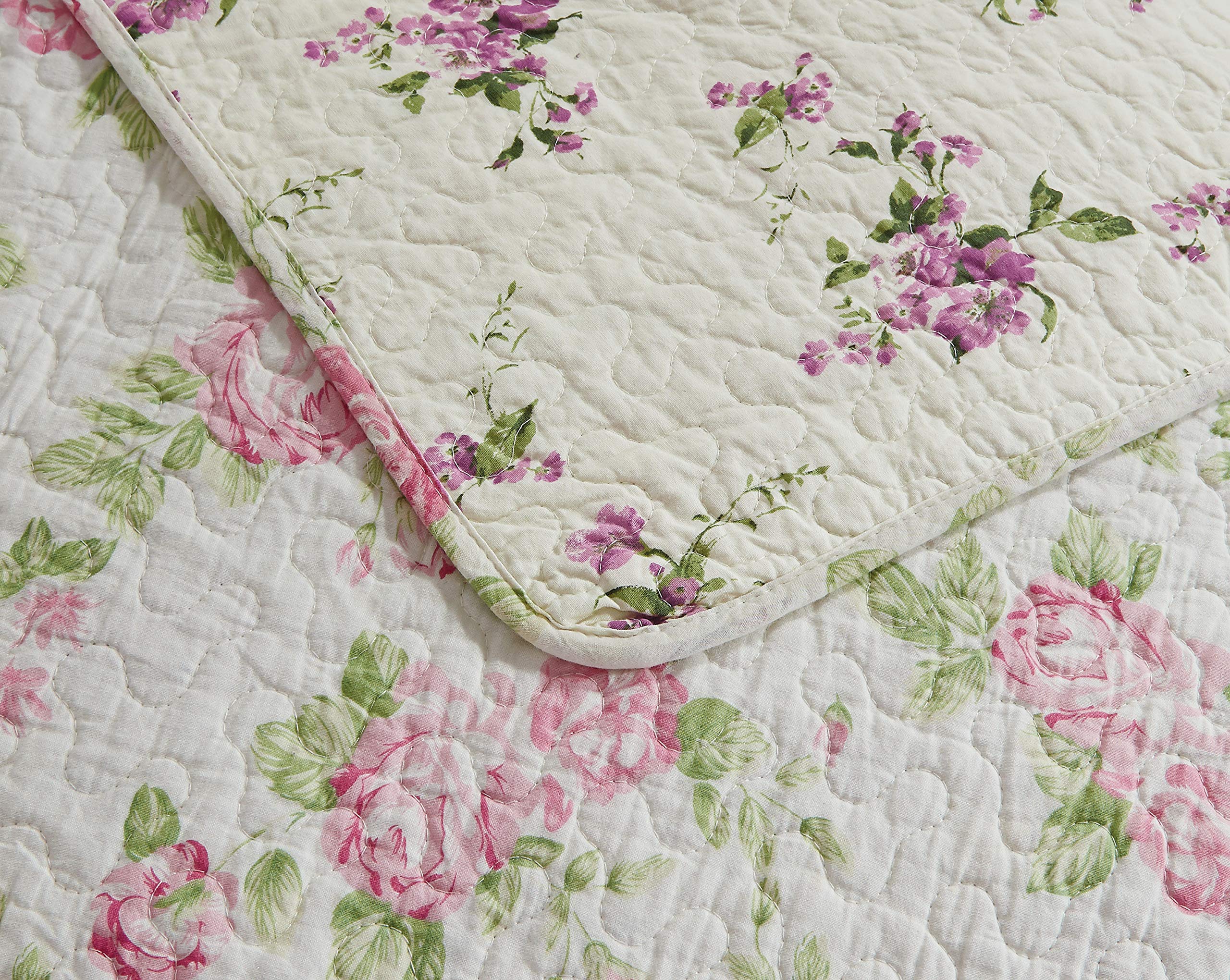 Chezmoi Collection Dakota 3-Piece Pink Rose Printed Cotton Quilt Set - Reversible Floral Bedspread King Size, Lightweight Stone Washed for Cozy Bedroom Decor & Guest Room Styling