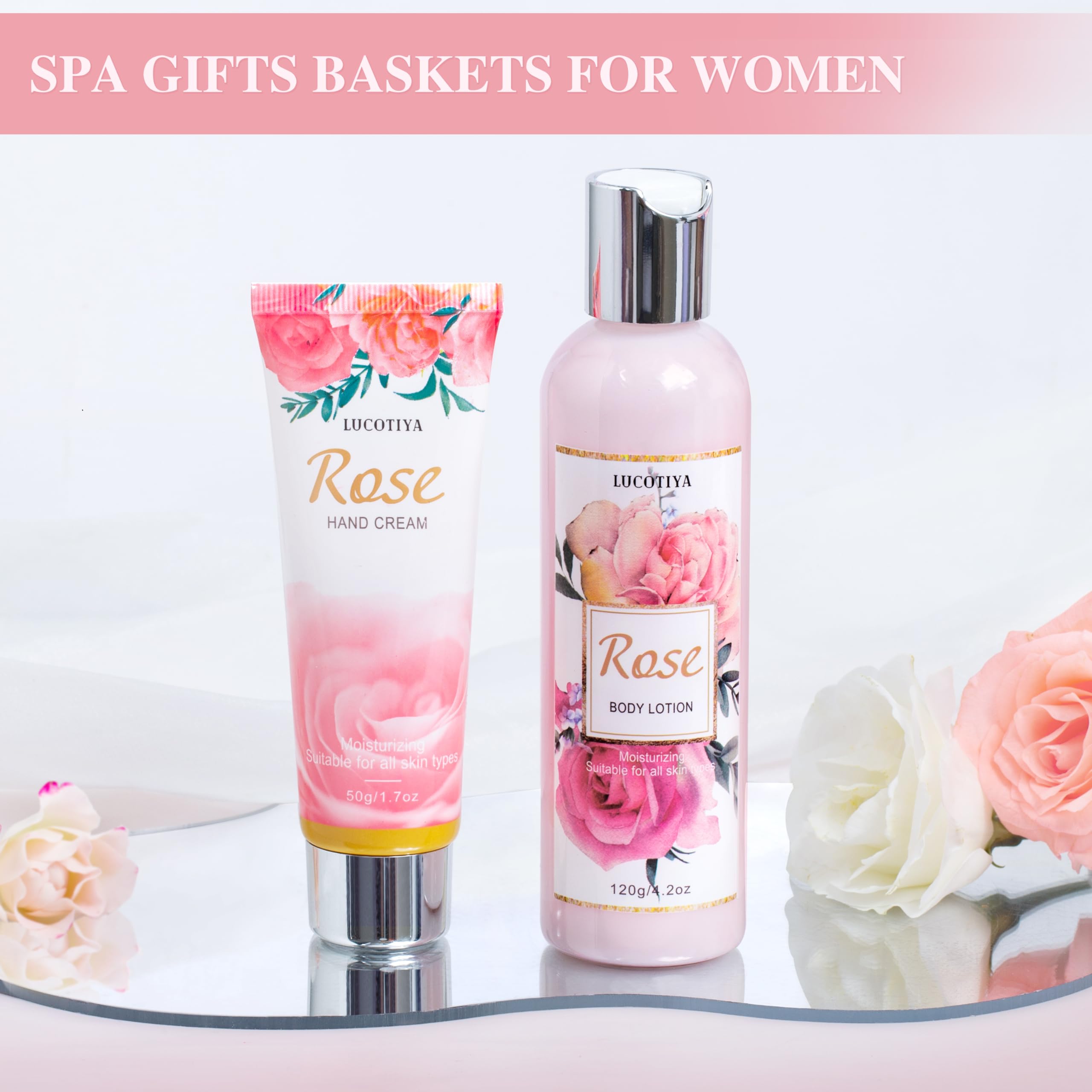 LUCOTIYA Spa Gift Basket for Women - Rose Scented Bubble Bath Set, Birthday Gifts for Mom, Teacher, Sister | Relaxing Self-Care & Romantic Bath Time