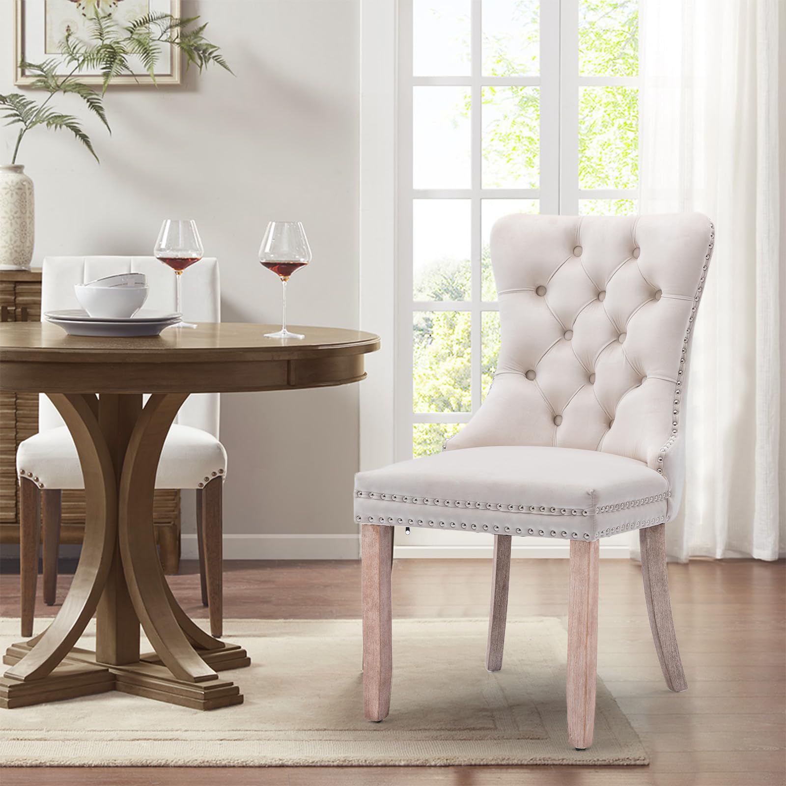 Velvet Upholstered Dining Chairs Set of 4 - Modern Kitchen Side Chairs with Nailhead Trim & Solid Wood Legs - Metal Pulling Ring Accent - Beige Upholstery for Dining Room, Living Room, Kitchen Island & Breakfast Nook - Comfortable Seating for Home Decor (Set of 4)