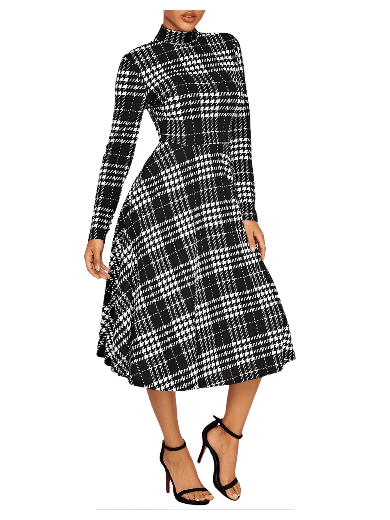 Floerns Women's High Neck Plaid Fit and Flare Midi Dress - Elegant A-Line Flowy Dress for Office, Party & Date Night | Plus Size Options Available