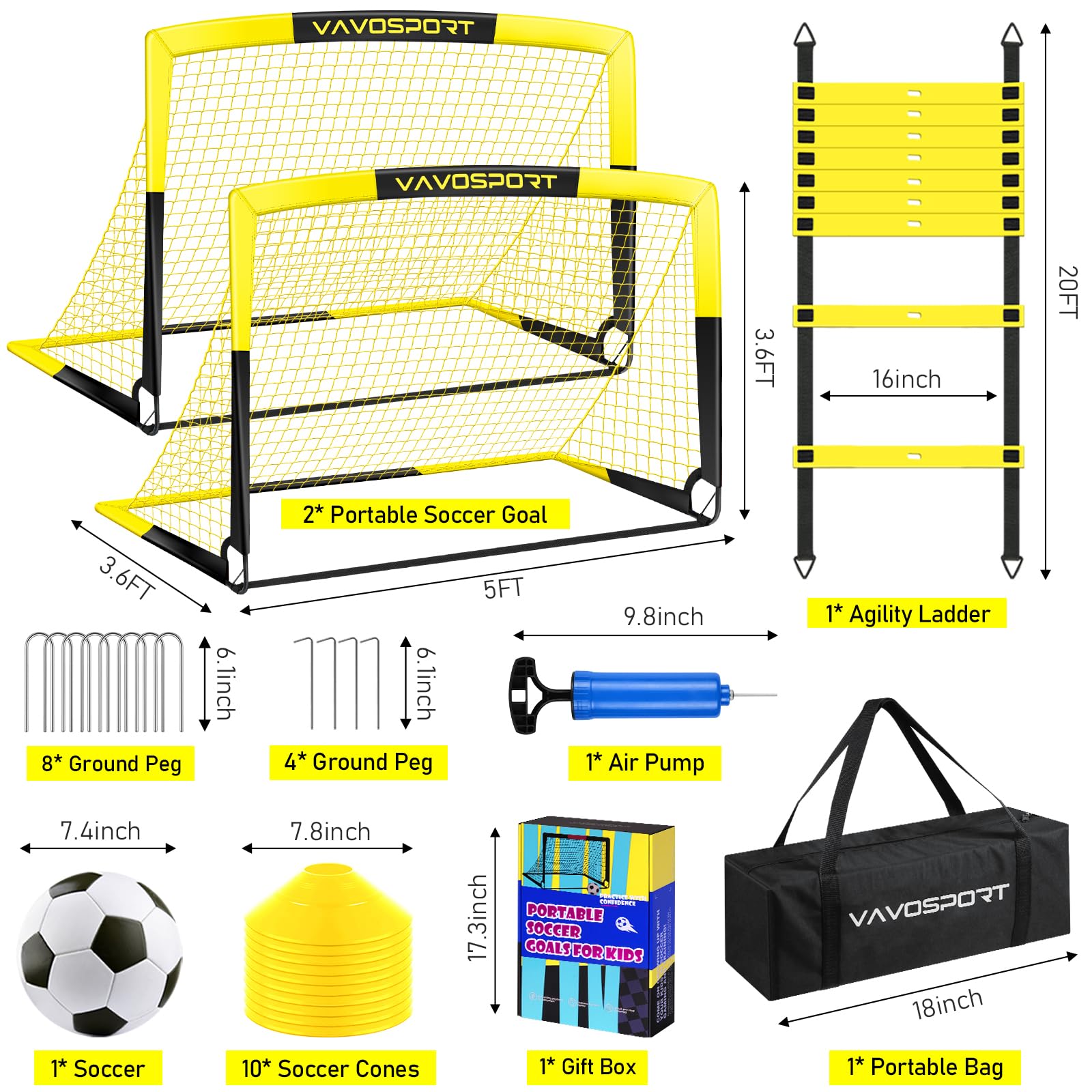 Portable Kids Soccer Goal Set - 4x3/5x3.6/6x4 ft Pop Up Soccer Nets with Ball, Ladder & Cones - Backyard Training Equipment for Youth Outdoor Sports Games - Perfect for Family Fun, Backyard Practice & Team Training Sessions