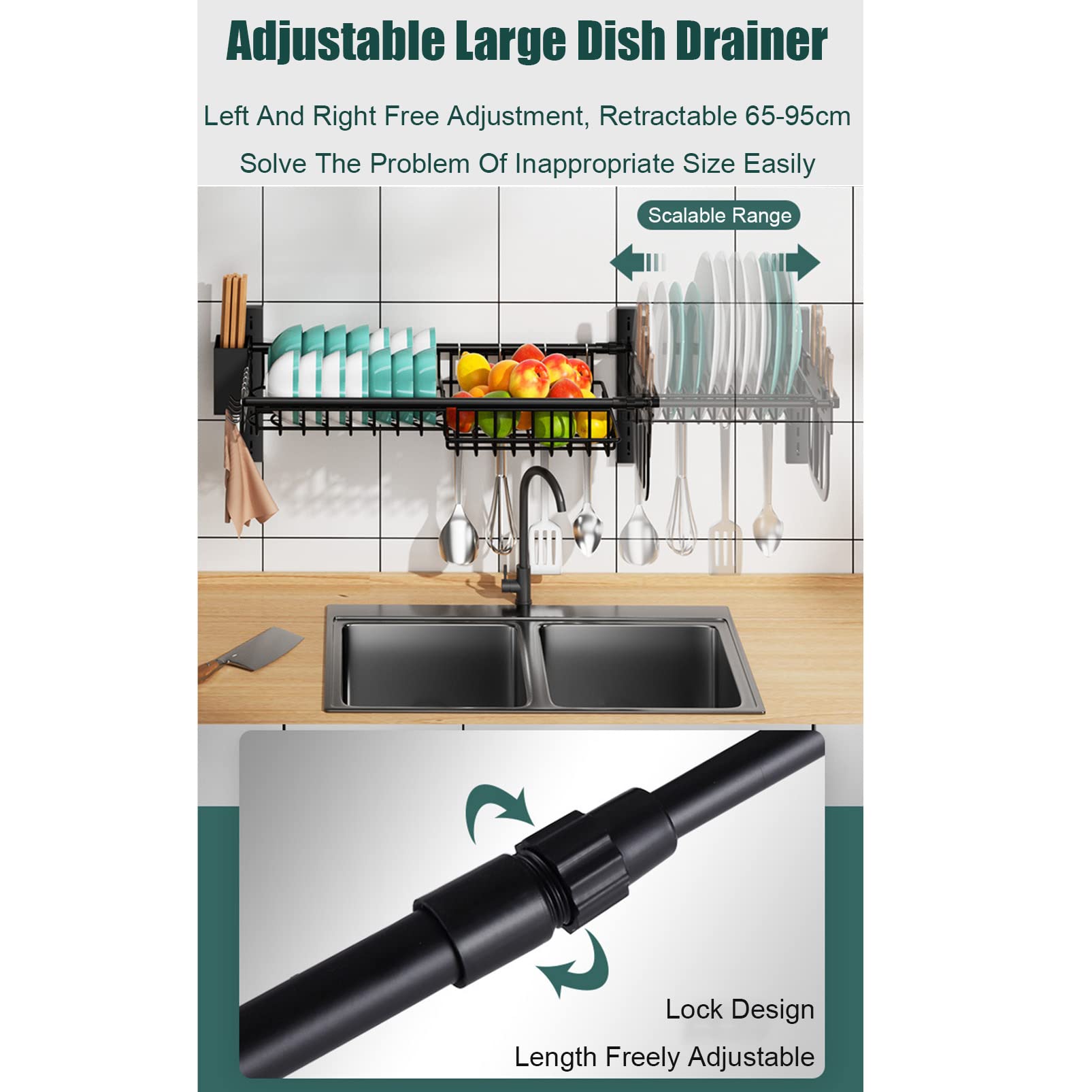 Expandable Stainless Steel Cutlery Drainer & Dish Drying Rack - Over The Sink Wall Mounted Kitchen Organizer with Utensil Holder & Hooks - Space Saving Counter Shelf for Small Kitchens, Apartments & RVs