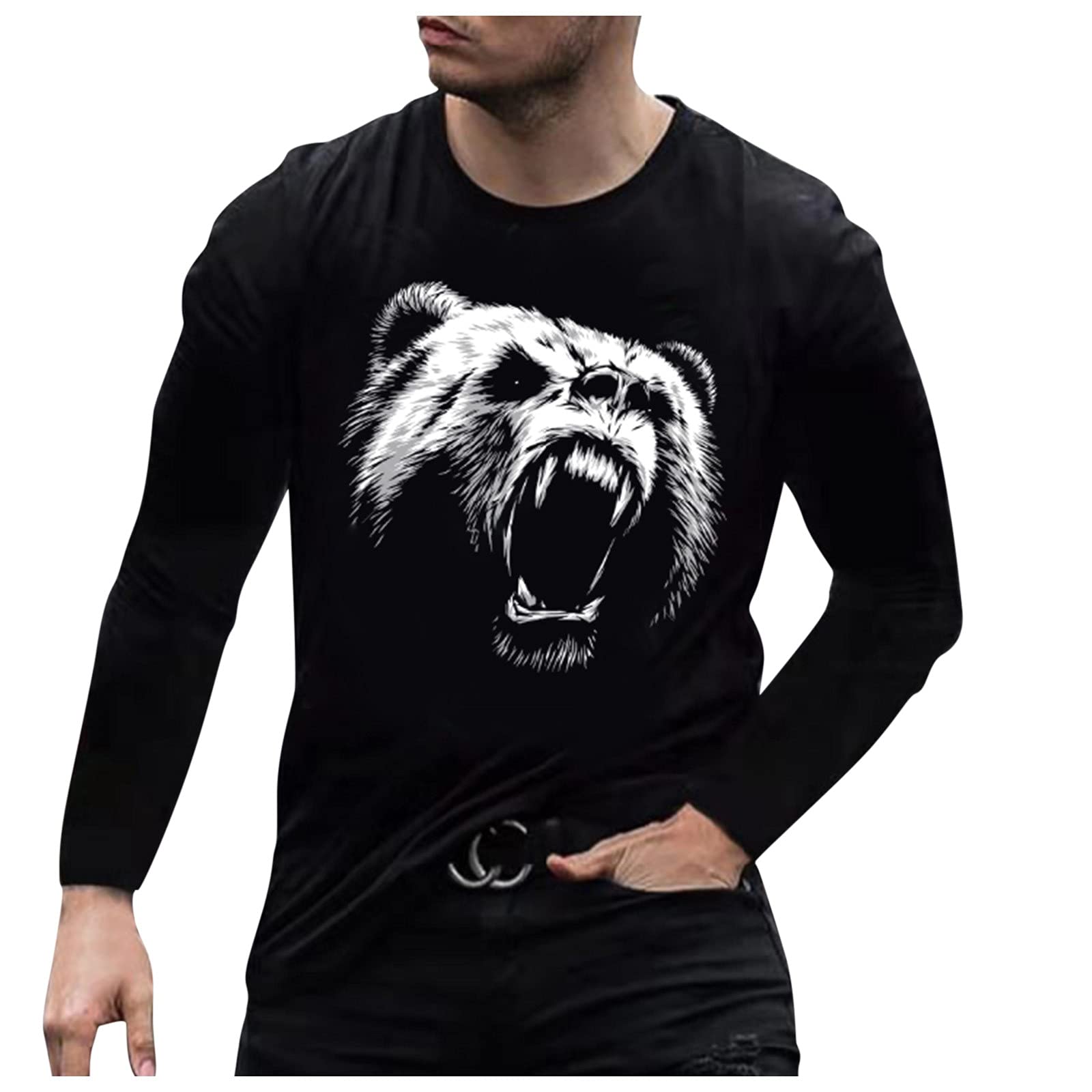 BEUU Men's 3D Lion Wolf Print Long Sleeve T-Shirt - Gym Workout, Hiking & Athletic Performance Top - Casual Streetwear Sweatshirt for Outdoor Adventures & Fitness Training