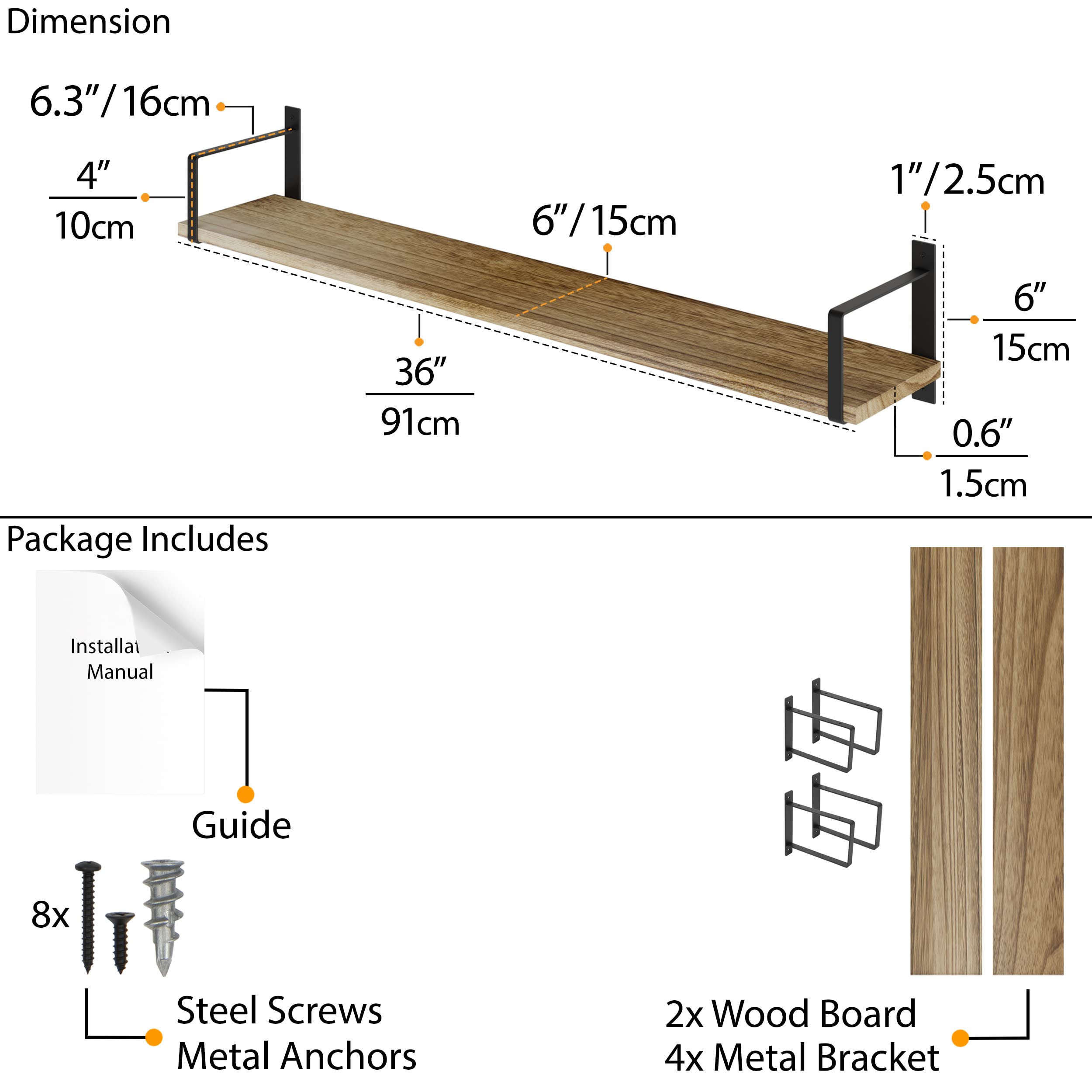 Wallniture Toledo 36 Inch Long Wood Floating Shelves Set of 2 - Rustic Burnt Finish Wall Mounted Shelves for Living Room, Bathroom, Bedroom & Kitchen - Perfect for Books, Decor & Storage | Home Organization & Space Saving Solution