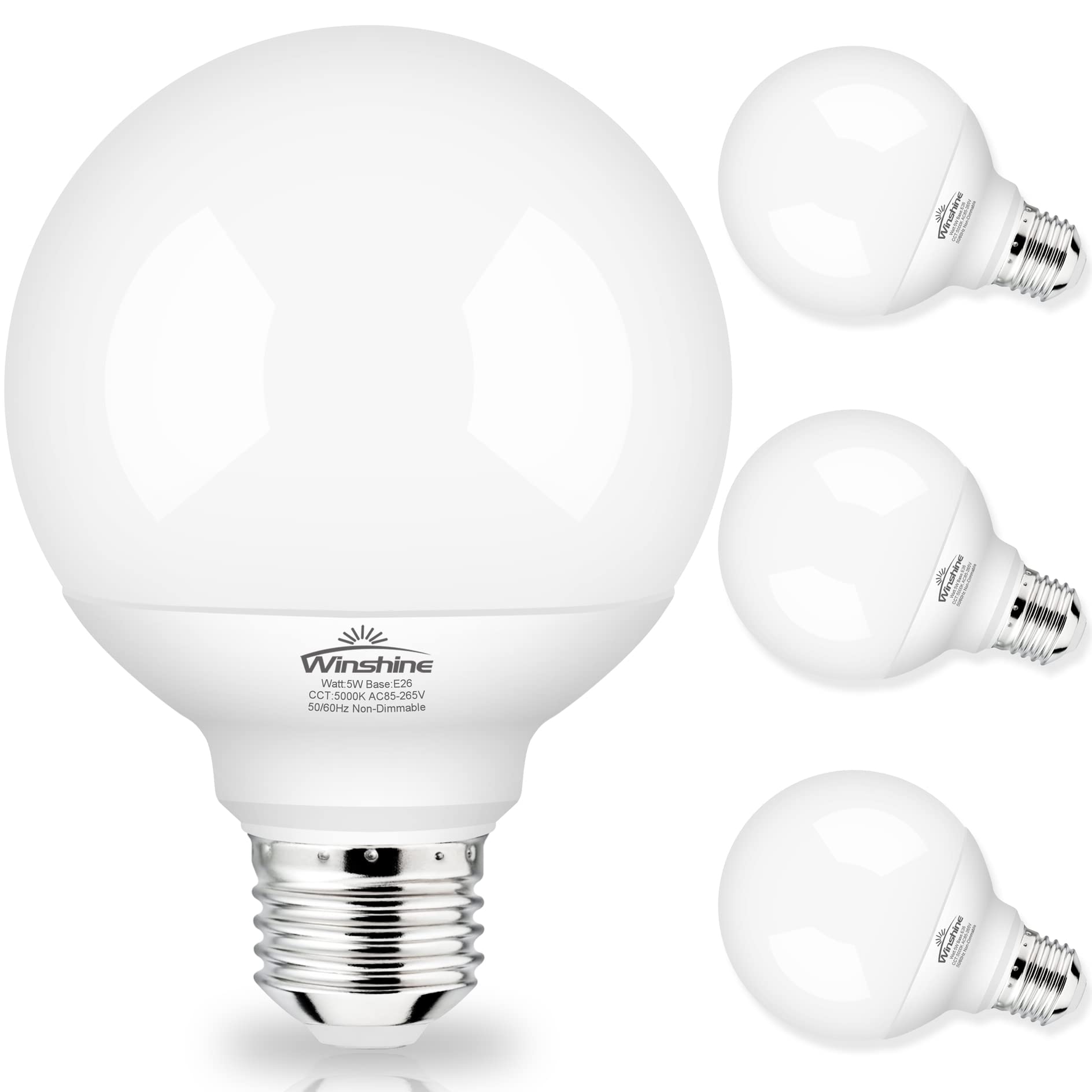 G25 LED Globe Light Bulbs 4-Pack - 5000K Daylight, E26 Medium Screw Base, 60W Equivalent, Non-Dimmable - Perfect for Bathroom Vanity Mirror, Bedroom Makeup Lighting & Home Decor