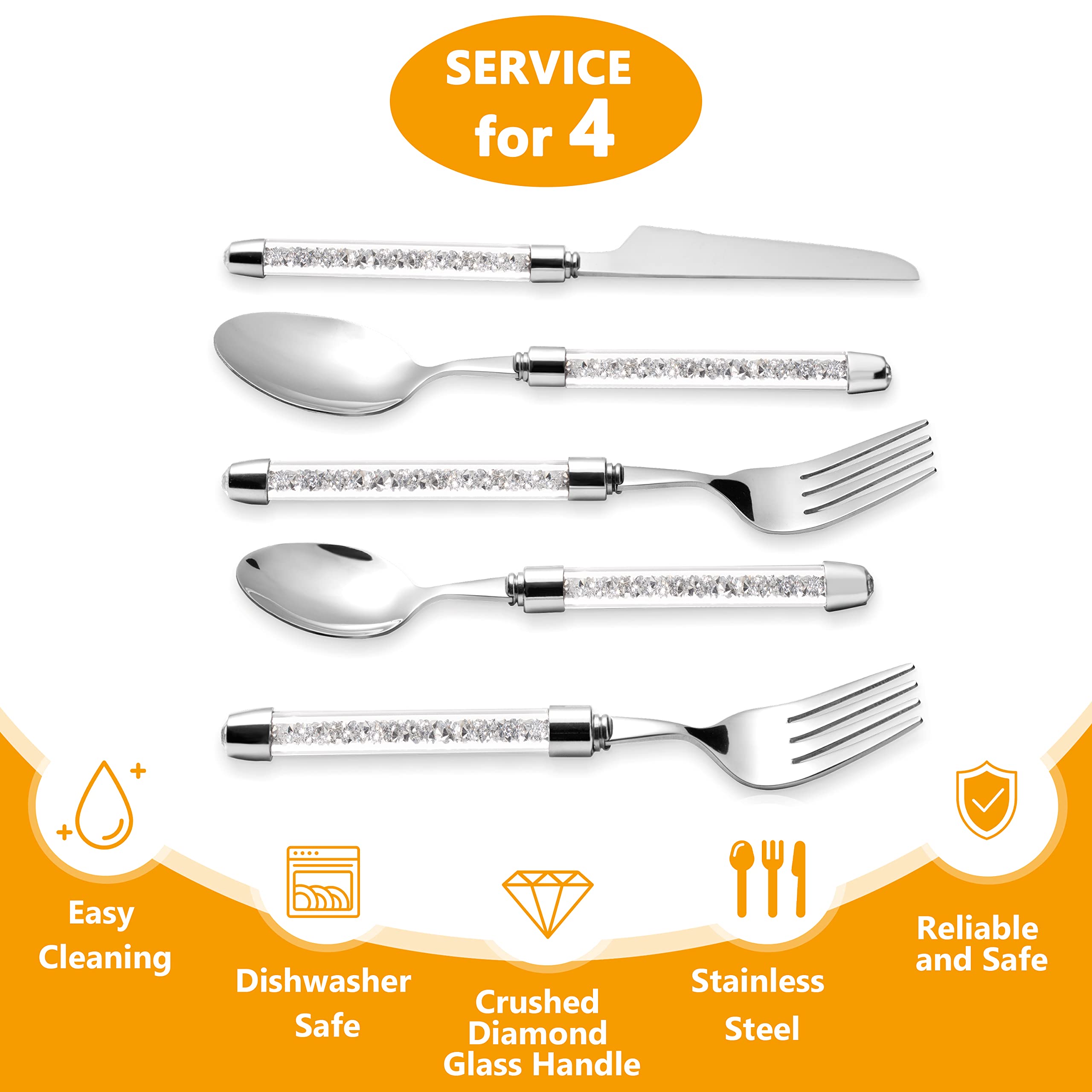 SHYFOY 20-Piece Bling Silverware Set - 18/8 Stainless Steel Flatware Cutlery with Crystal Glass Handles, Mirror Polished & Dishwasher Safe - Elegant Dinnerware for Home, Restaurant, Wedding & Party (Perfect for Formal Dining, Holiday Gatherings & Special Occasions)