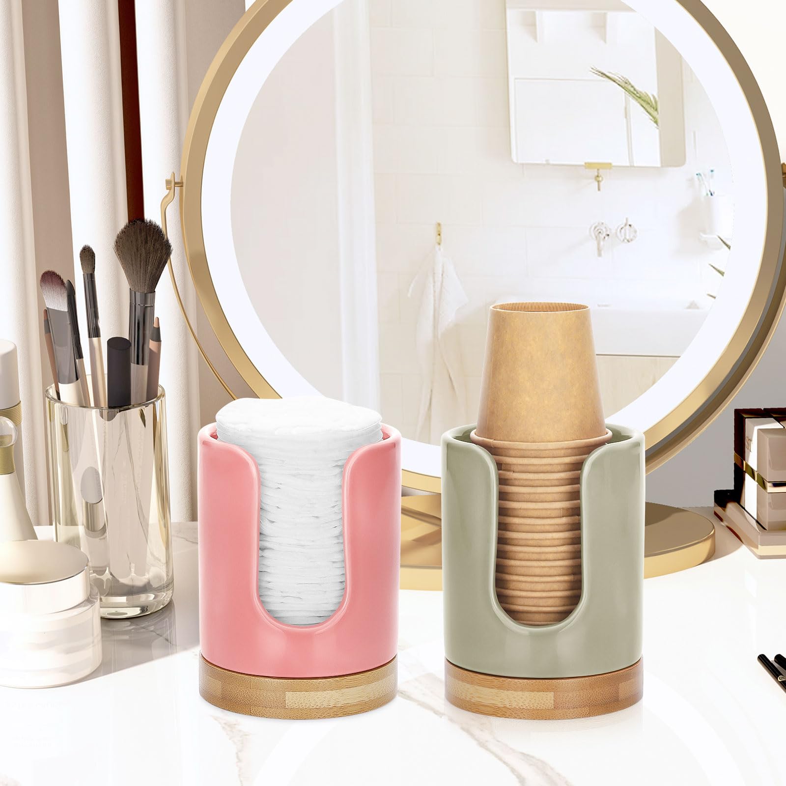 Soleebee Ceramic Mouthwash Cup Dispenser with Bamboo Base - Holds 3 oz Disposable Paper Cups for Bathroom, Dental Office & Home Use - Beige