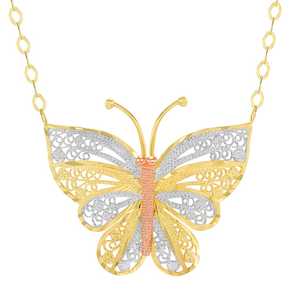 14K Yellow Gold and Rose Gold Tri-Tone Butterfly Pendant Necklace - Adjustable 16
