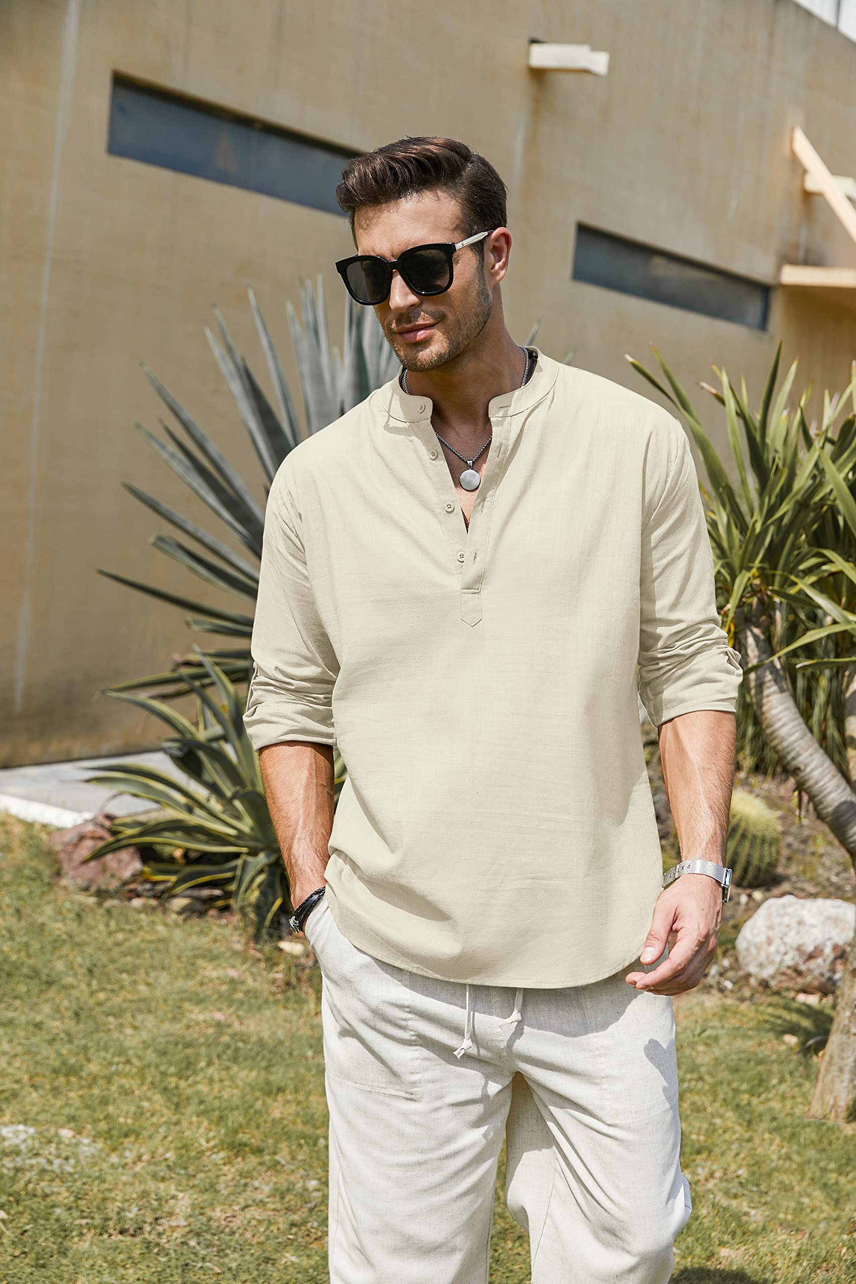 COOFANDY Men's Cotton Linen Henley Shirt - Long Sleeve Casual Beach T-Shirt for Men | Breathable Summer Shirt, Boho Style, Hippie Fashion | Perfect for Beach Outings, Music Festivals & Casual Wear