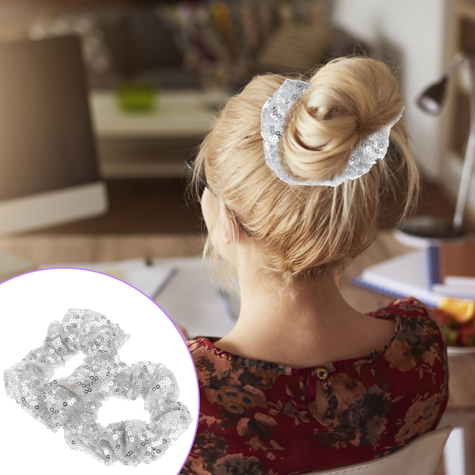 Lurrose Women's Hair Scrunchies 2PCS - Sparkly Silver Sequins Hair Ties, Elastic Ponytail Holders for Girls and Women | Perfect for School, Parties, and Everyday Use