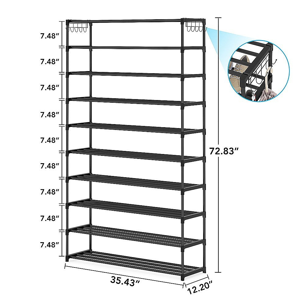 10-Tier Black Metal Shoe Rack Organizer - Large Capacity Storage for 50 Pairs of Shoes - Perfect for Closet, Entryway, and Bedroom Organization
