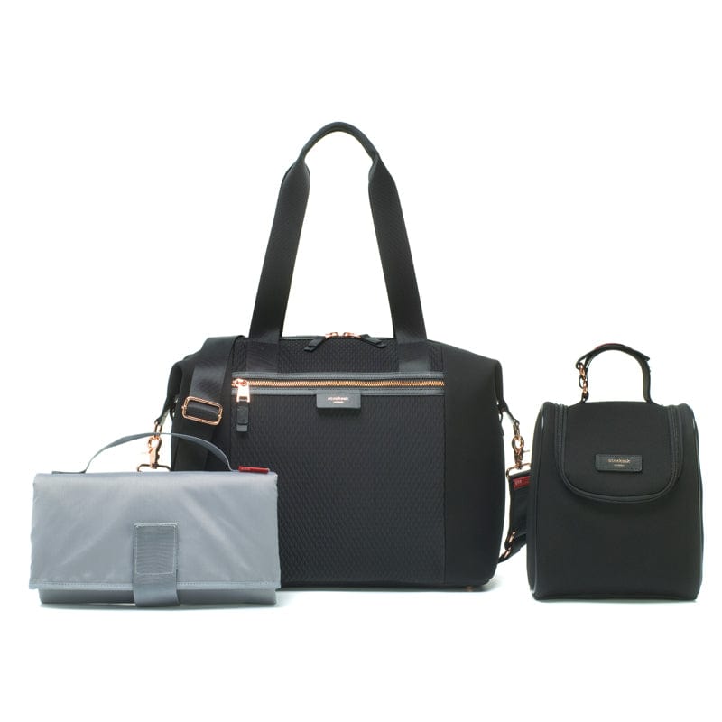 Storksak Stevie Luxe Diaper Bag - Waterproof Scuba Black Backpack for Moms - Perfect for Baby Essentials, Travel & Daily Use