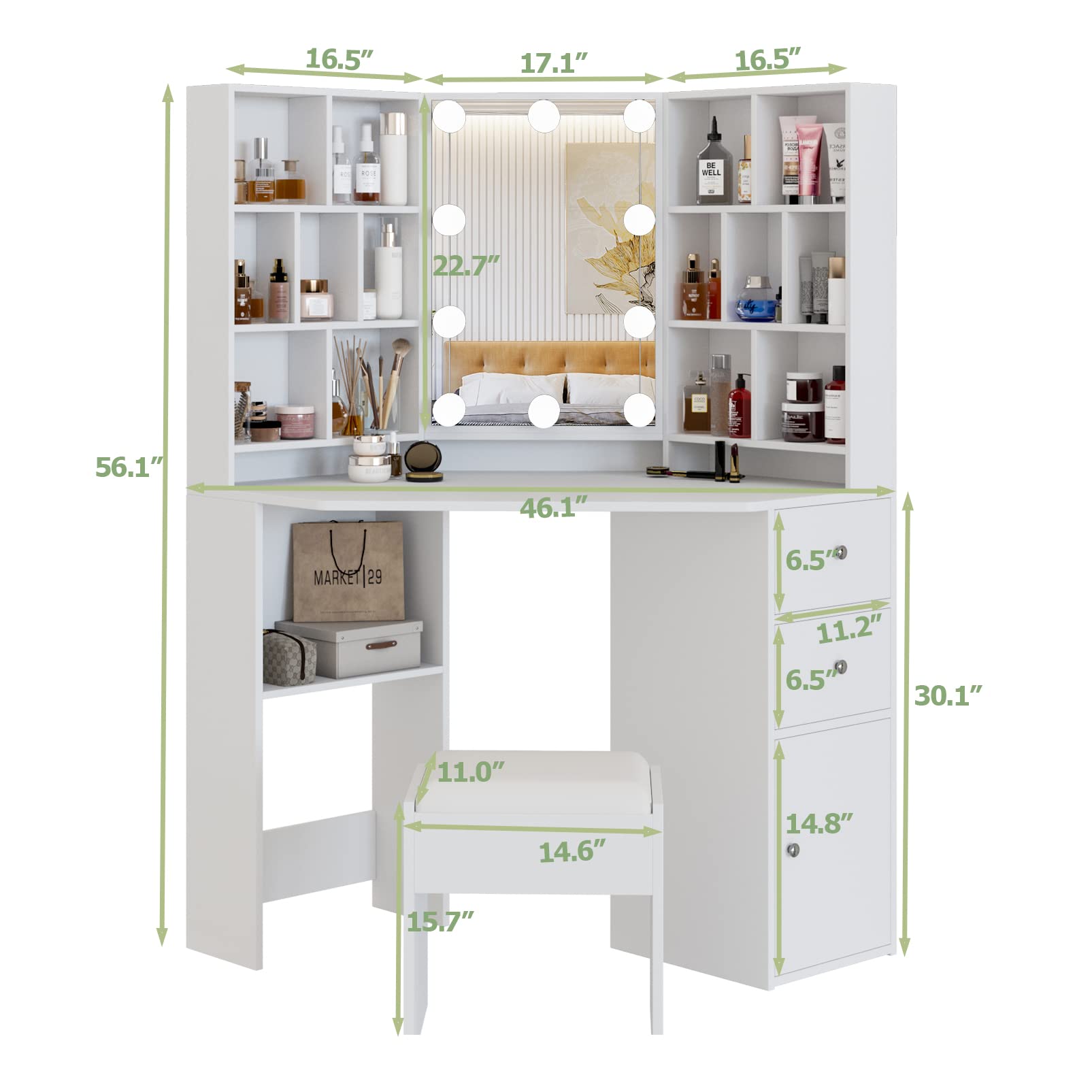Fameill White Corner Makeup Vanity Desk with LED Lighted Mirror - 46 Inch Dressing Table with 3 Adjustable Lighting Modes & Ample Storage for Bedroom - Perfect for Makeup Application, Skincare Routine, and Home Decor