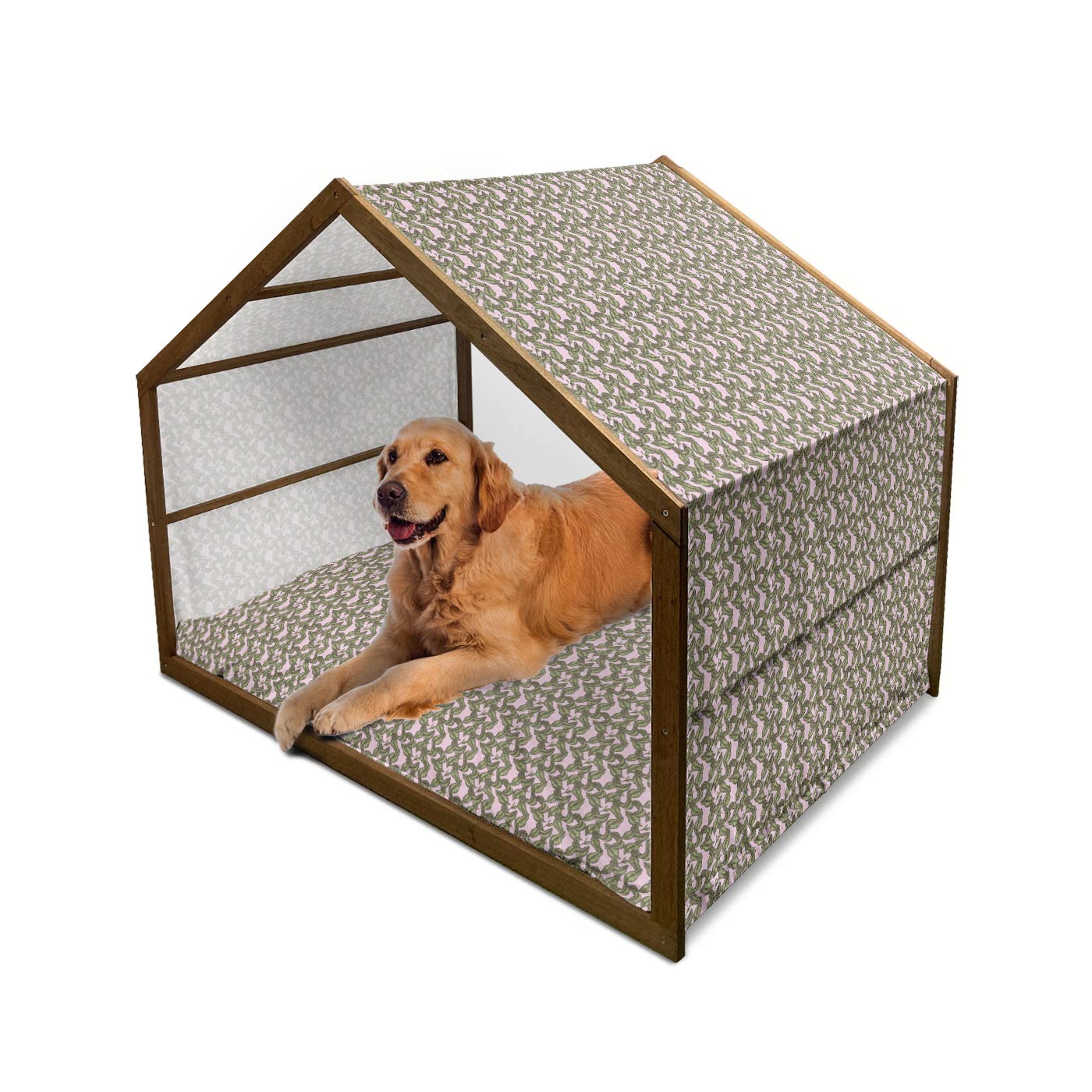 Ambesonne Wooden Dog House with Hand-Drawn Falling Leaves Design - Indoor/Outdoor Portable Pet Kennel with Pillow & Cover - X-Large Size for Medium to Large Dogs - Perfect for Backyard, Patio or Home Decor