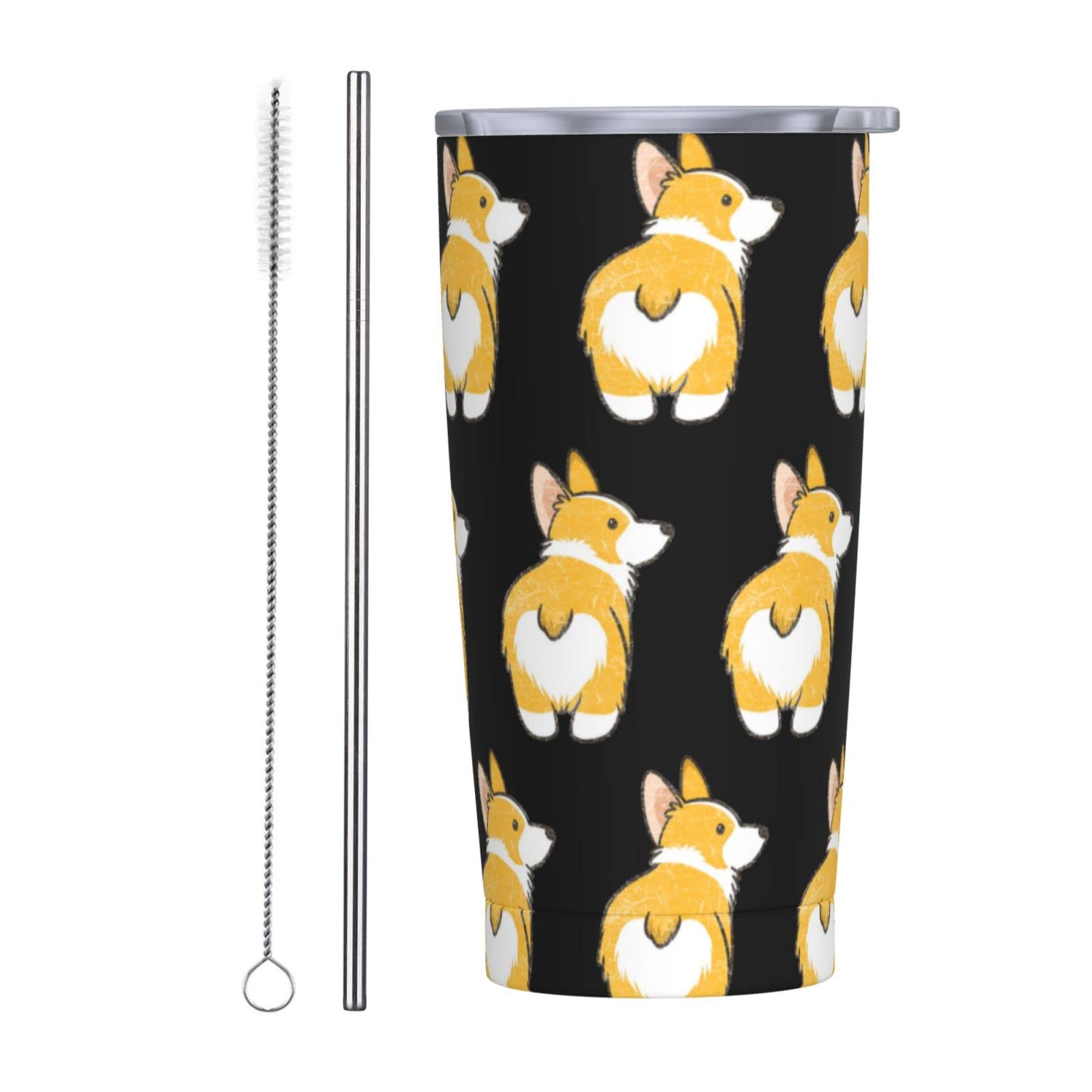 SWEET TANG 20oz Leak Proof Stainless Steel Coffee Tumbler - Corgi Puppy Dog Design, Retro Style, Vacuum Insulated Double Wall Travel Mug with Straw - Sweat Proof, Perfect for Office, Meetings & Outdoor Activities