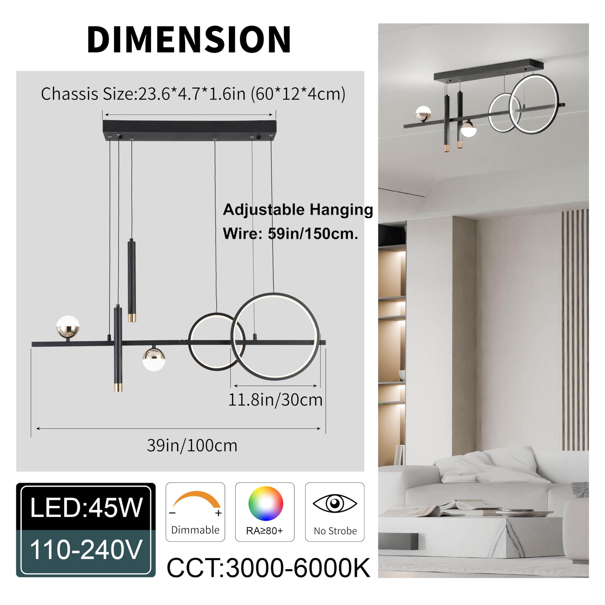 Modern LED Chandelier for Dining Room - Dimmable Black Gold Kitchen Island Pendant Light, Linear Ring Globe Ceiling Fixture | Perfect for Contemporary Home Decor, Restaurant Lighting & Open Concept Spaces