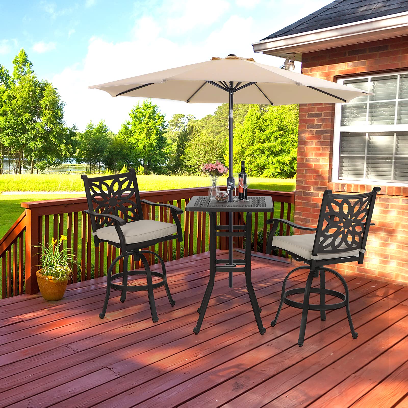 MFSTUDIO 27.5 Inch Square Cast Aluminum Bar Height Patio Table - 42 Inch Tall Outdoor Dining Table with 1.75 Inch Umbrella Hole - Perfect for Bistro, Backyard, Poolside, Garden, Deck, and Outdoor Entertaining - Brown