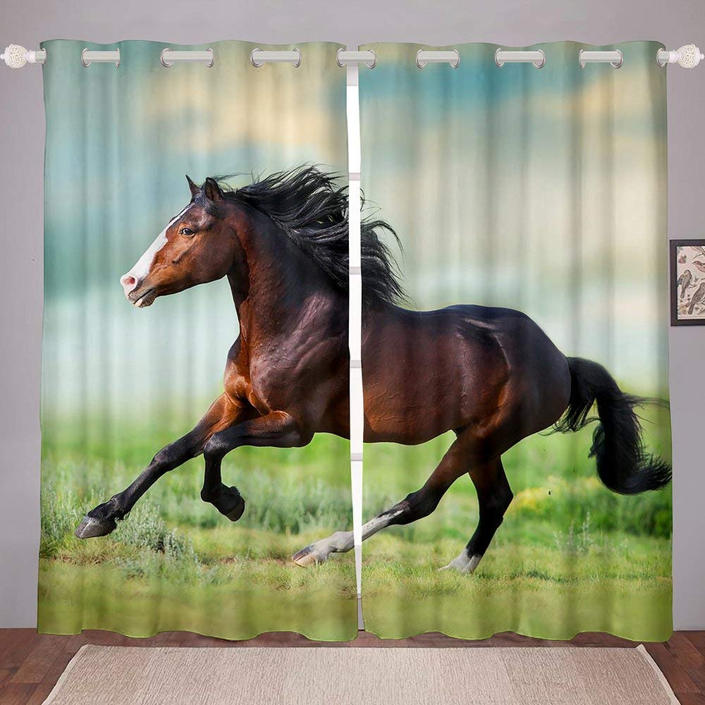 3D Horse Window Curtains for Kids & Adults - Grassland Landscape Drapes 42x84