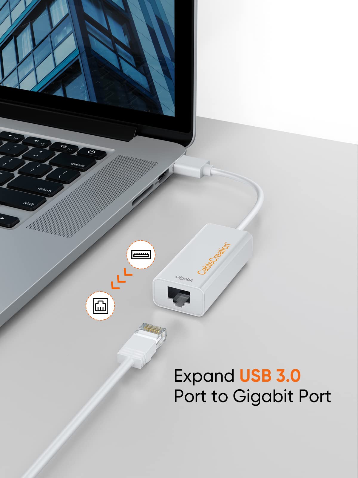 CableCreation USB 3.0 to Ethernet Adapter - Gigabit USB to RJ45 Network Converter (10/100/1000 Mbps) - Compatible with Nintendo Switch, MacBook, Windows, macOS, Linux & Chrome OS - White - Perfect for Gaming, Streaming & Home Office Networking