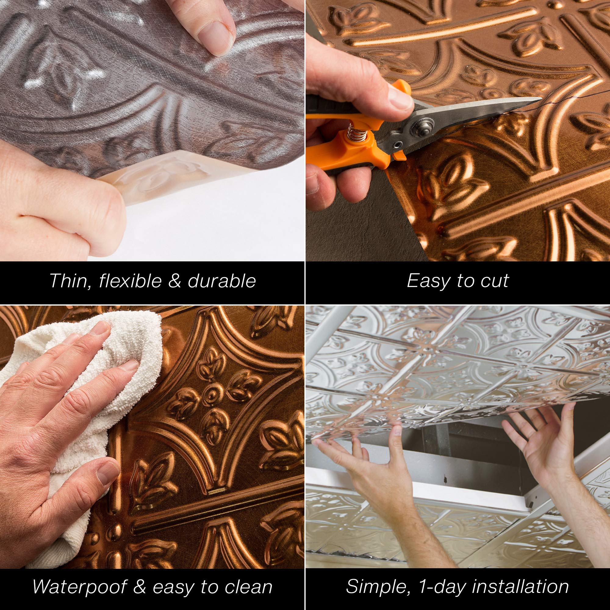 FASÄDE Decorative Vinyl Ceiling Tiles 2ft x 2ft - Moonstone Copper Finish (5 Pack) for Home Office, Restaurant & Commercial Interior Design