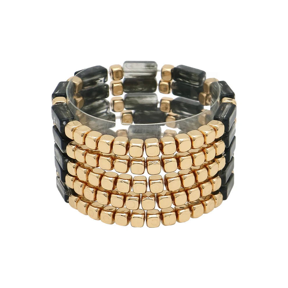 Stylish Acrylic Rectangle & Gold Beaded Stretch Bracelet Set for Women - Trendy Stackable Jewelry for Casual Wear, Parties & Gifts
