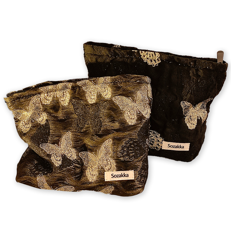 Blue Vip Hyovo Embossed Gold Silk Butterfly Makeup Bag - Elegant Cosmetic Pouch for Travel, Bridal Shower & Gift Giving