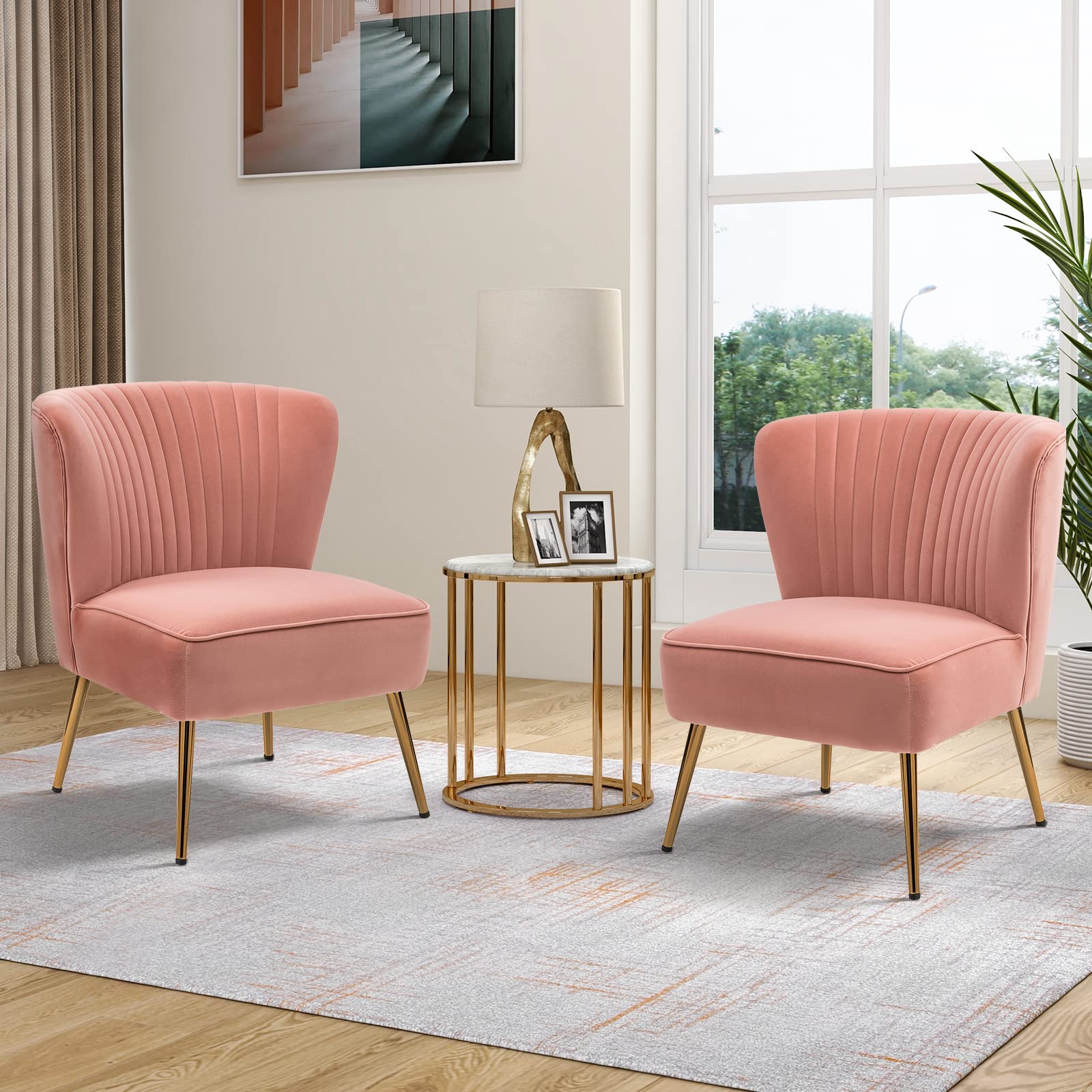 Monica Velvet Armless Side Chair Set of 2 - Upholstered Accent Chairs with Golden Legs, Mid Century Modern Wingback Slipper Chairs for Living Room, Bedroom & Guest Room - Blush Pink - Perfect for Home Decor, Lounge Seating & Elegant Gatherings