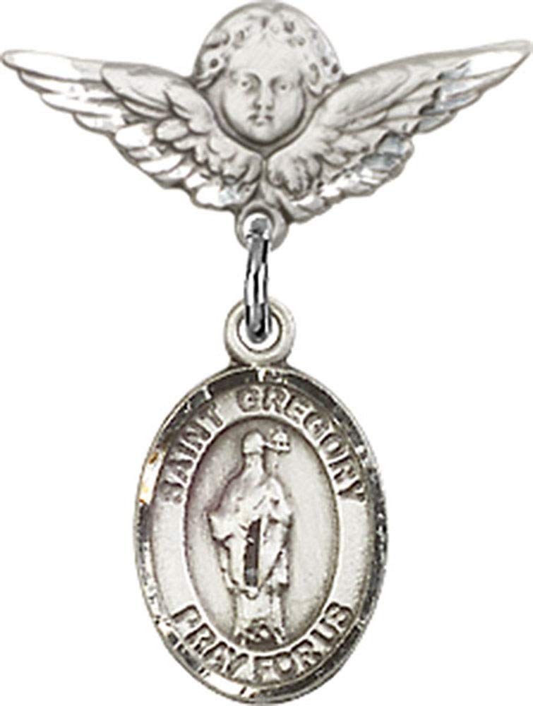Sterling Silver Baby Badge with St. Gregory the Great Charm & Angel Wings Pin - Handmade in USA | Religious Jewelry for Christening, Baptism & First Communion Gifts