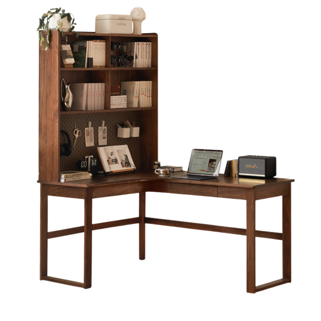 Solid Black Walnut & Oak Wood Corner Desk Bookshelf - Stylish Home Office Storage for Books, Decor & Essentials