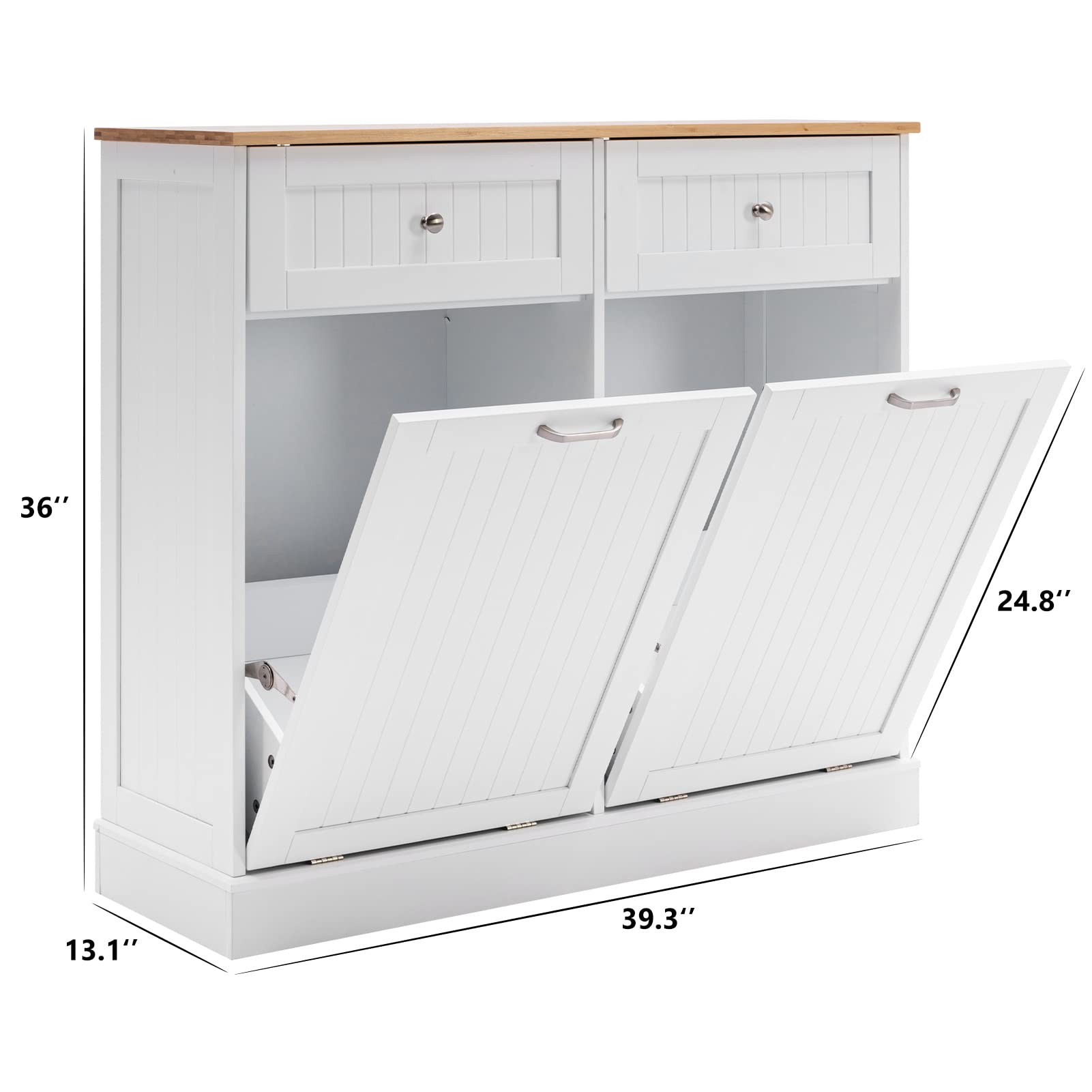 Freestanding Tilt-Out Trash Cabinet with Cutting Board - Pet Proof Kitchen Garbage Recycling Station, Wood Laundry Hamper & Hideaway Trash Holder Drawers (2, White) - Perfect for Small Kitchens, Apartments & Eco-Friendly Homes