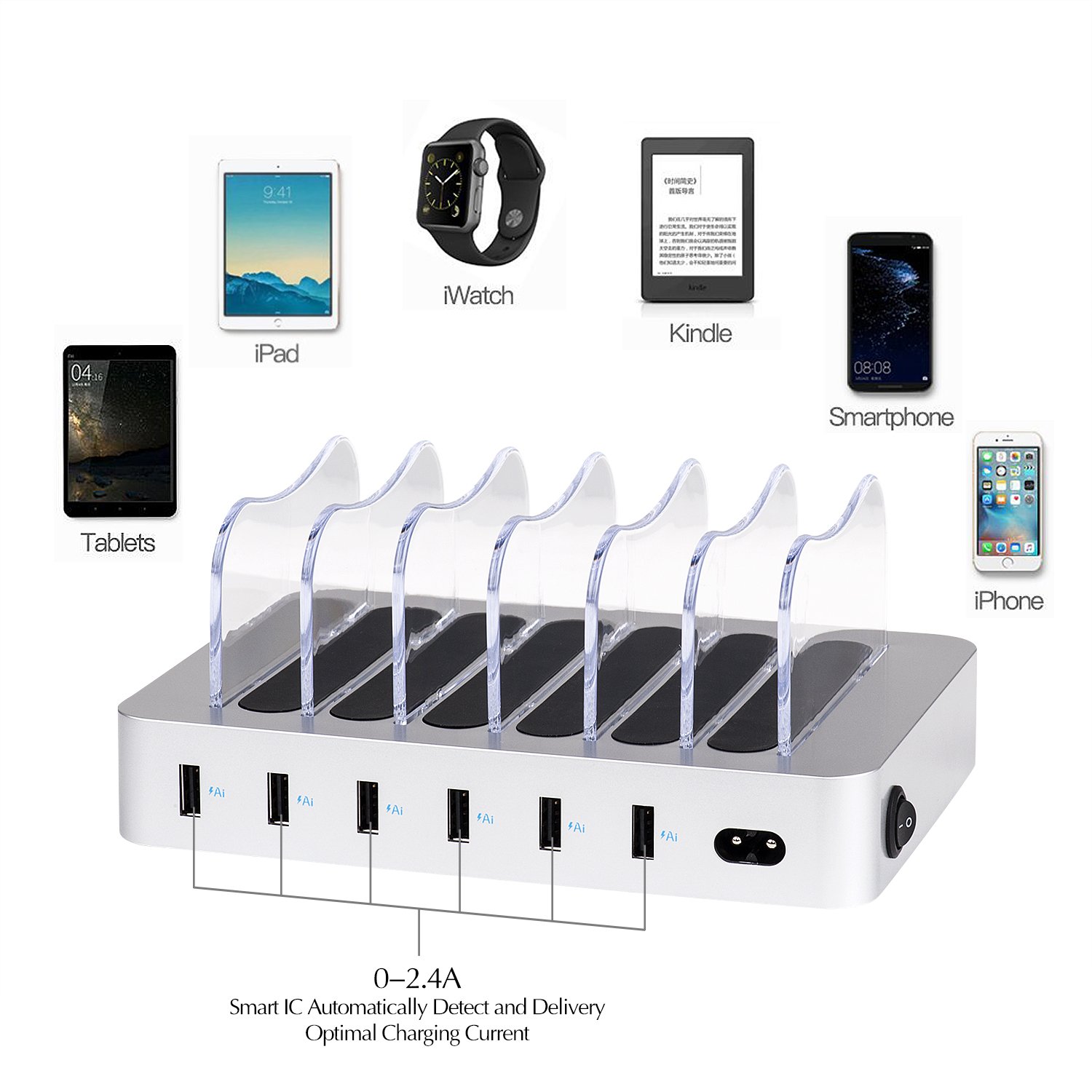 Pritek 6-Port USB Charging Station Dock & Organizer - Multi-Device Charger for iPhone, Android, Tablet & Smart Devices with 6 Cables & LED Indicators (Silver) | Perfect for Home, Office & Travel Use