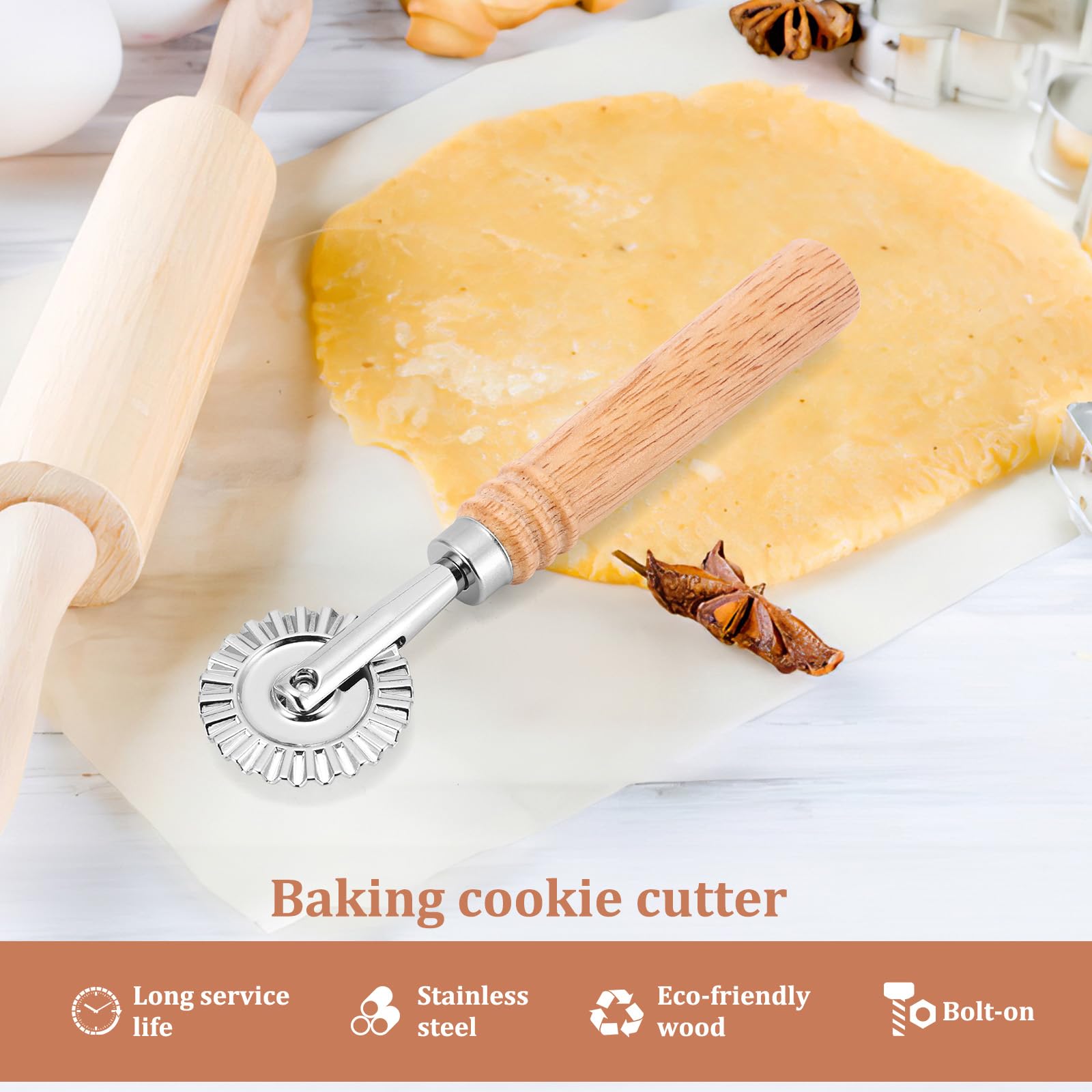 SHANGSKY Pastry Cutter Wheel with Long Wooden Handle - Stainless Steel Ravioli & Pasta Cutter for Dumplings, Noodles, Cookies & Pie Dough - Professional Kitchen Dough Cutting Tool for Baking & Cooking
