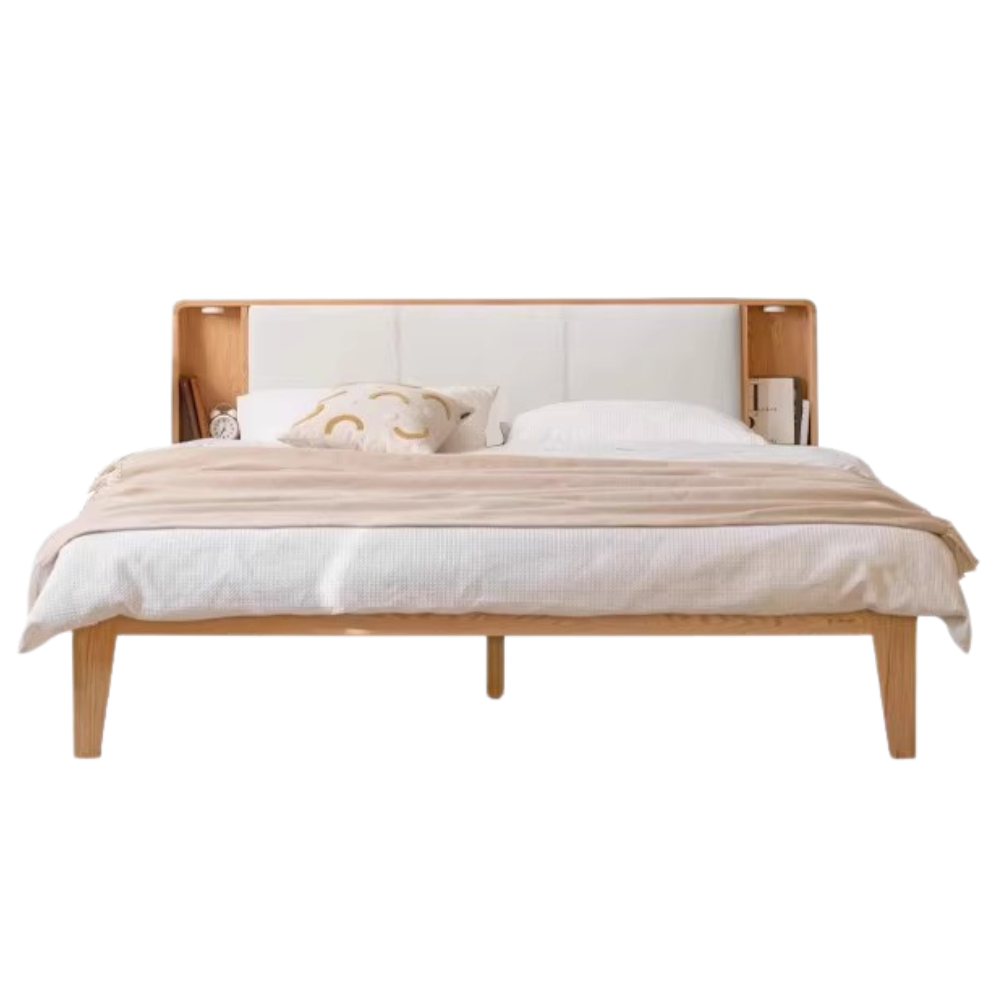 Solid Oak Wood Leather & Fabric Luminous Bed with Shelf - Modern Platform Bed Frame with Storage for Bedroom, Guest Room, or Dorm