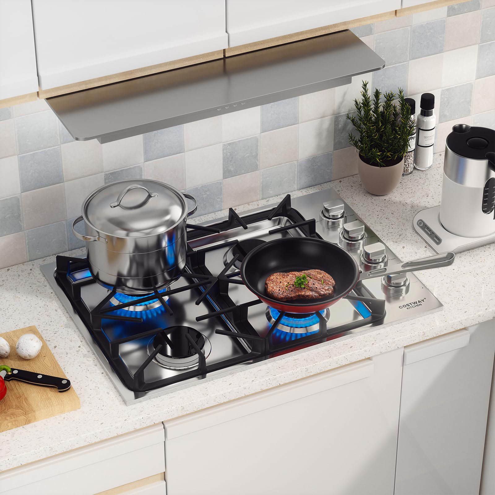 COSTWAY 30-inch 4 Burner Gas Cooktop - Stainless Steel Gas Stove Top with ABS Knobs & Cast Iron Grates - NG/LP Convertible Sealed Burner Range for Kitchen - Easy Clean Silver Surface - Perfect for Home Cooking, Baking & Entertaining