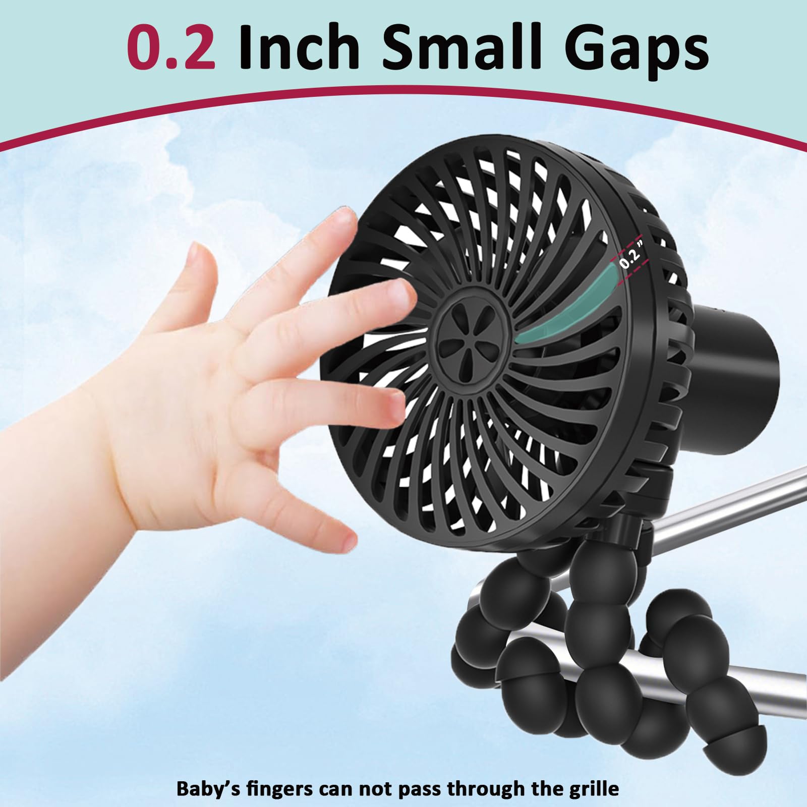 Portable Stroller Fan with 0.2 Inch Safe Gap - 3 Speed Quiet USB Rechargeable Handheld Fan, 3000mAh Battery Operated Personal Cooling Fan for Baby Stroller, Car Seat, Travel, Camping & Outdoor Activities (Black)
