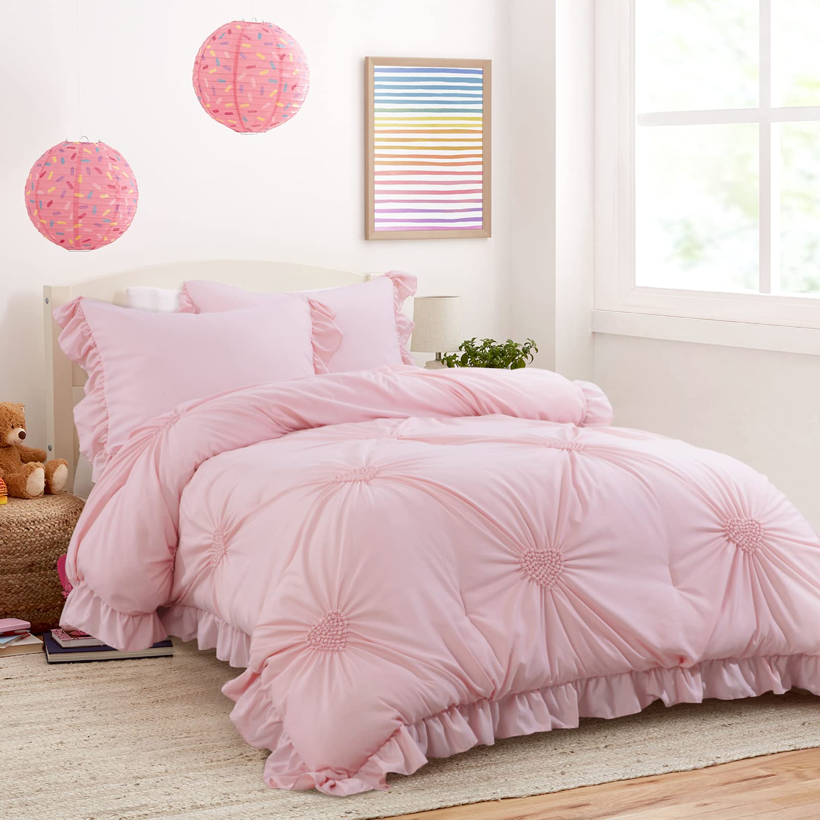 HOMBYS Pink Comforter Set for Girls - 3 Piece Blush Pinch Pleat Bedding with Ruffles, Full/Queen Size, All Season Soft & Cozy - Perfect for Kids Bedroom, Teen Room Decor & Gift Ideas