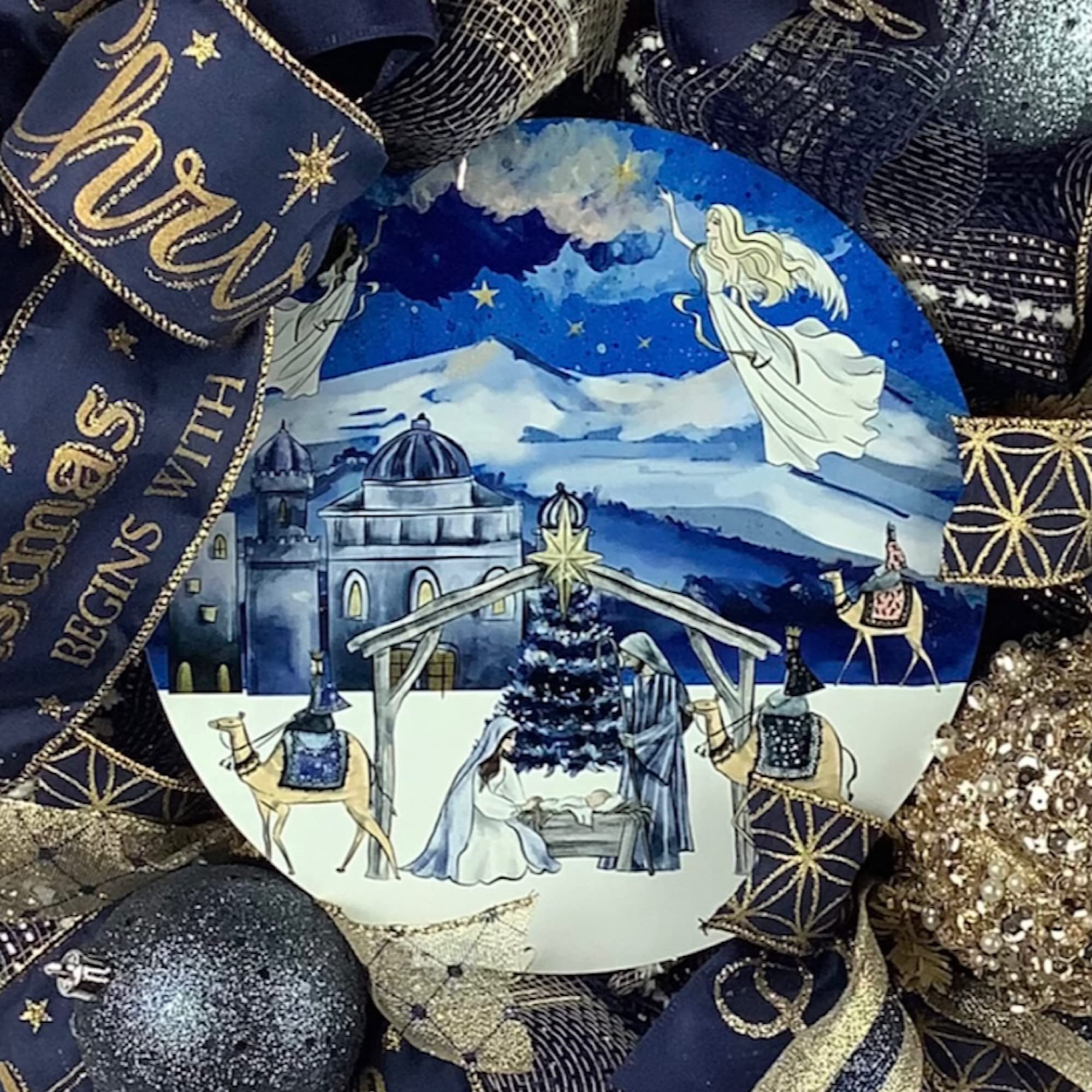 Nativity Christmas Wreath with Baby Jesus in Manger - Elegant Navy Blue & Gold Ball Ornaments and Bow - Perfect for Front Door Decor, Holiday Mantel, and Church Christmas Displays