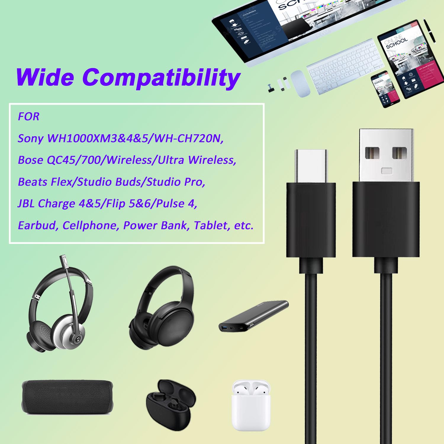 Premium USB A to USB C Charging Cable for Sony WH-1000XM3/XM4/XM5, Bose QC45/700, Beats & JBL Headphones - Fast Charging & Data Sync - Perfect for Travel, Office & Home Use