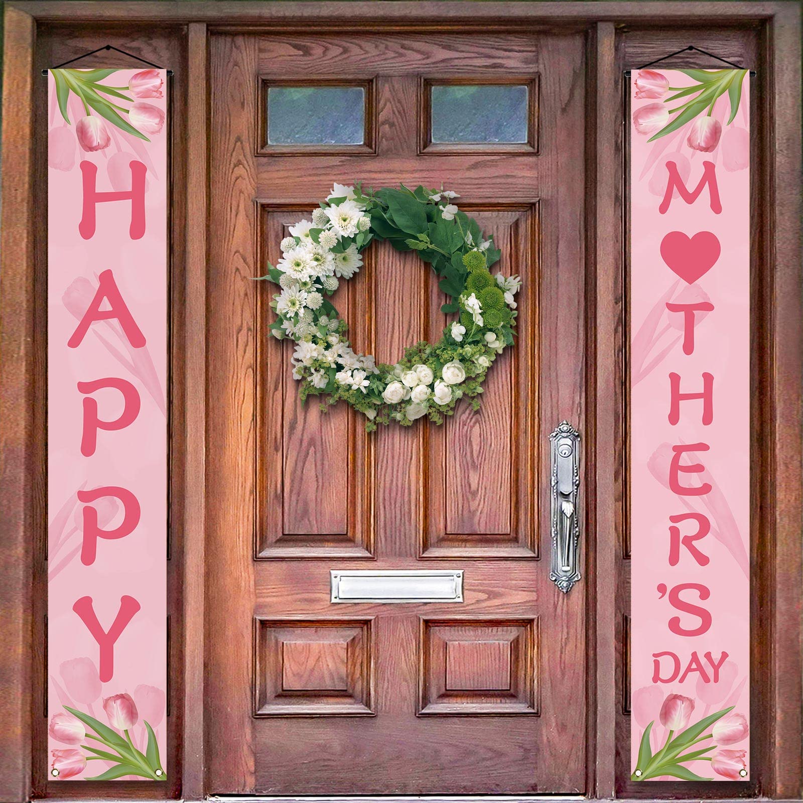 Happy Mother's Day Porch Banner - Pink Heart Welcome Sign for Best Mom Ever, Front Door Wall Hanging Decor for Holiday Parties & Home Celebration